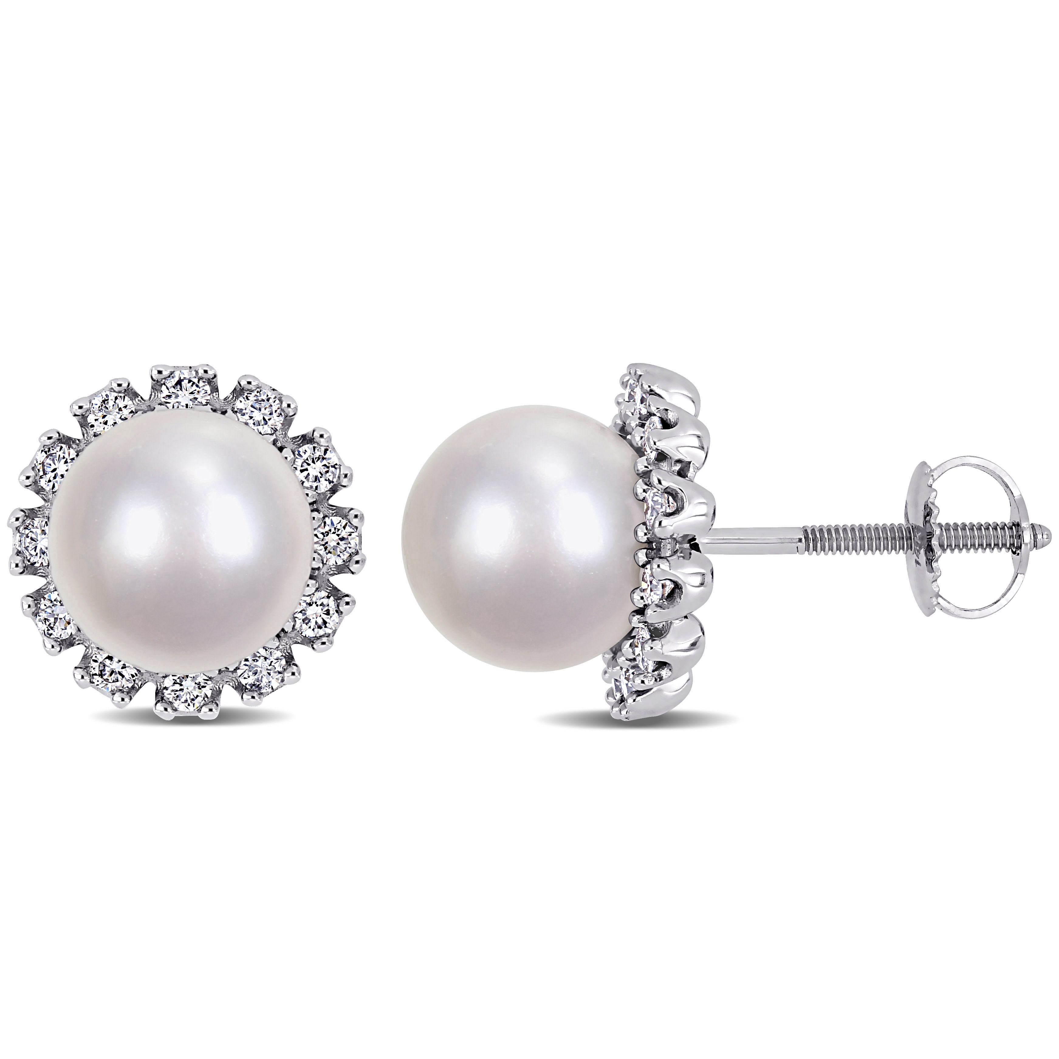 3/8 CT TW Diamond and 8 - 8.5 MM White Japanese Akoya Pearl Flower Stud Earrings in 14k White Gold