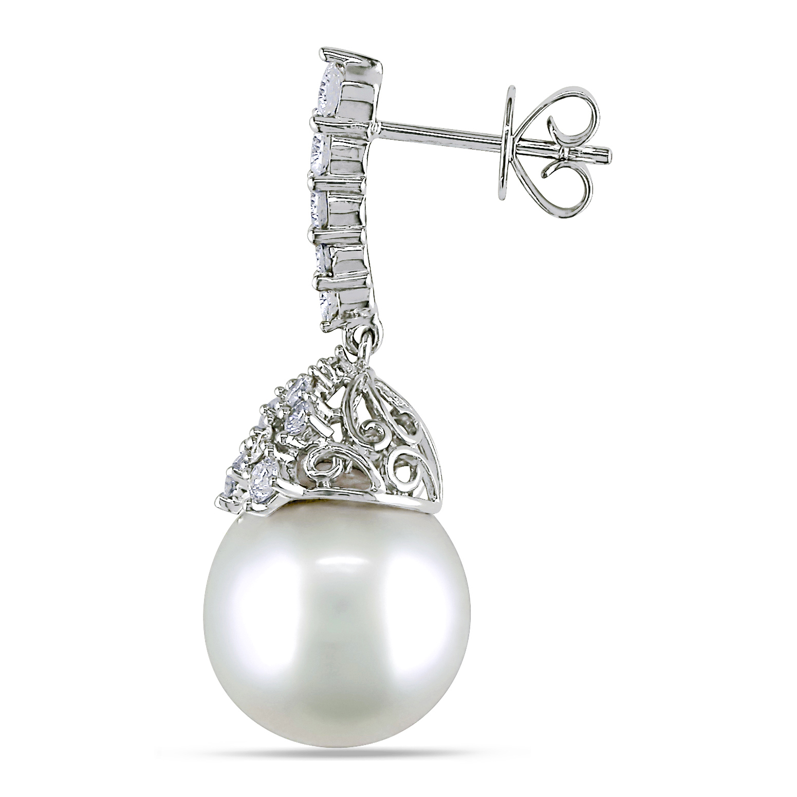 10.5 - 11 MM South Sea Cultured Pearl and 1 CT TW Diamond Drop Earrings in 14k White Gold