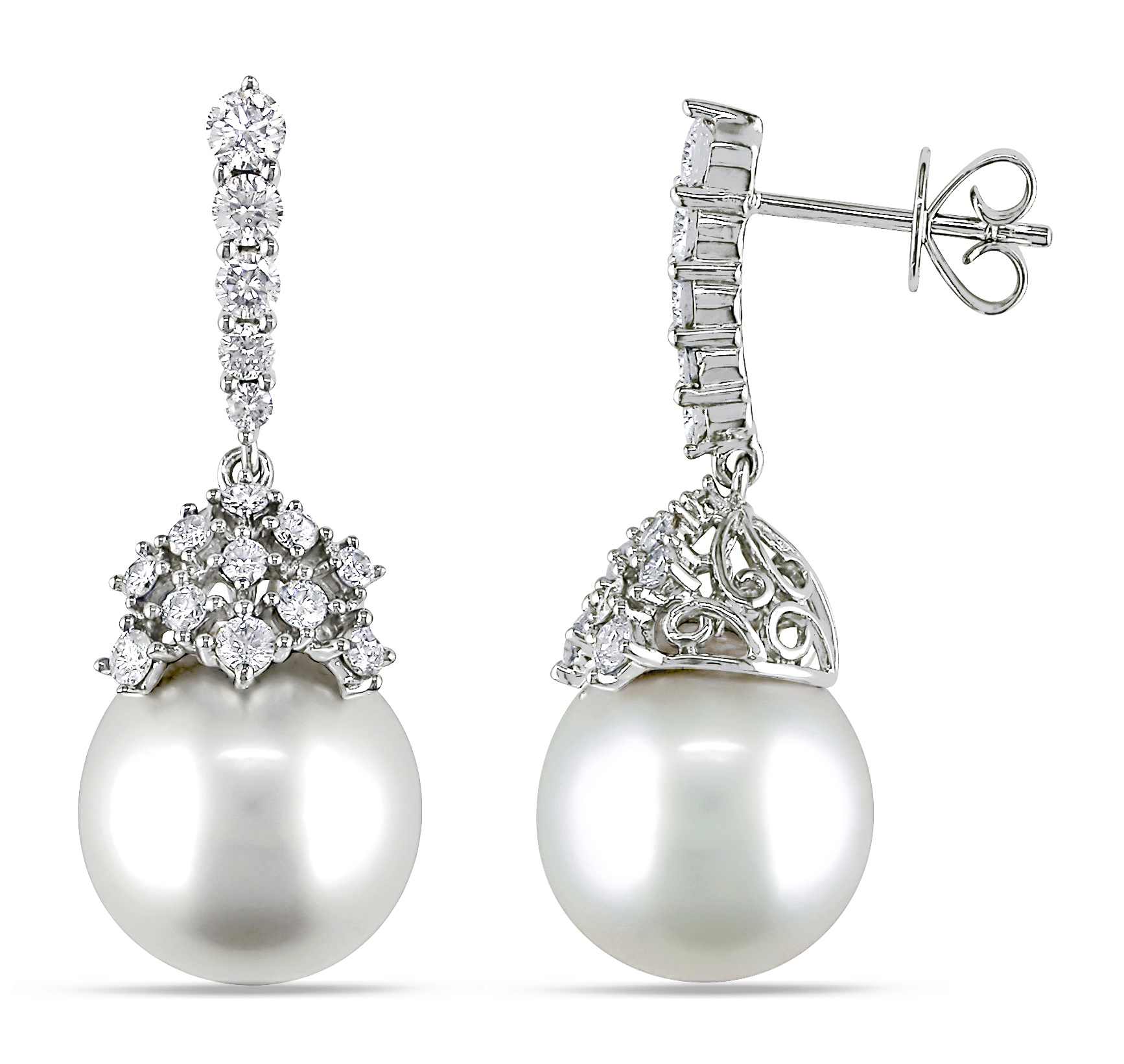 10.5 - 11 MM South Sea Cultured Pearl and 1 CT TW Diamond Drop Earrings in 14k White Gold