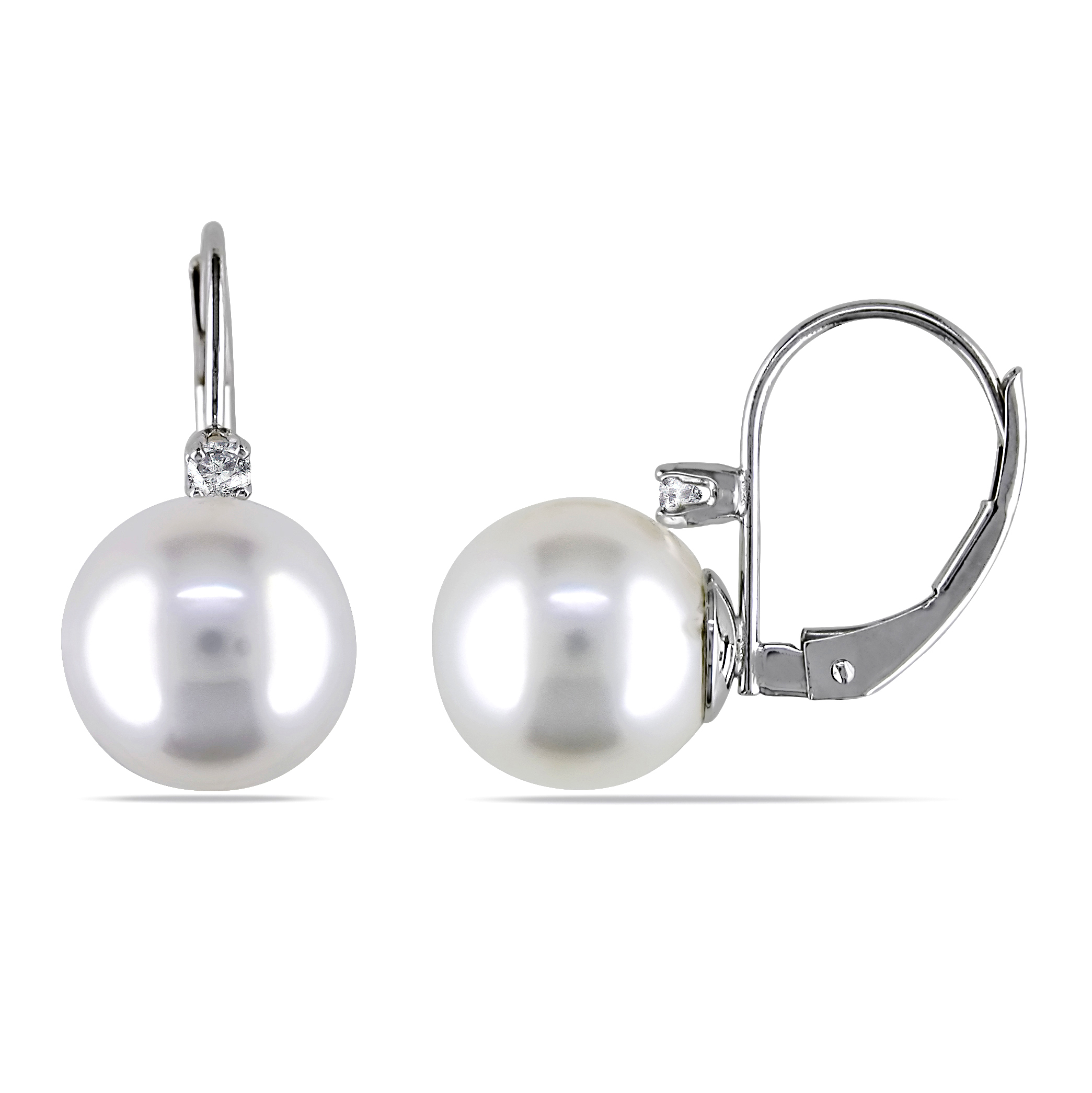 9 - 10 MM South Sea Cultured Pearl and 1/10 CT TW Diamond Leverback Earrings in 14k White Gold