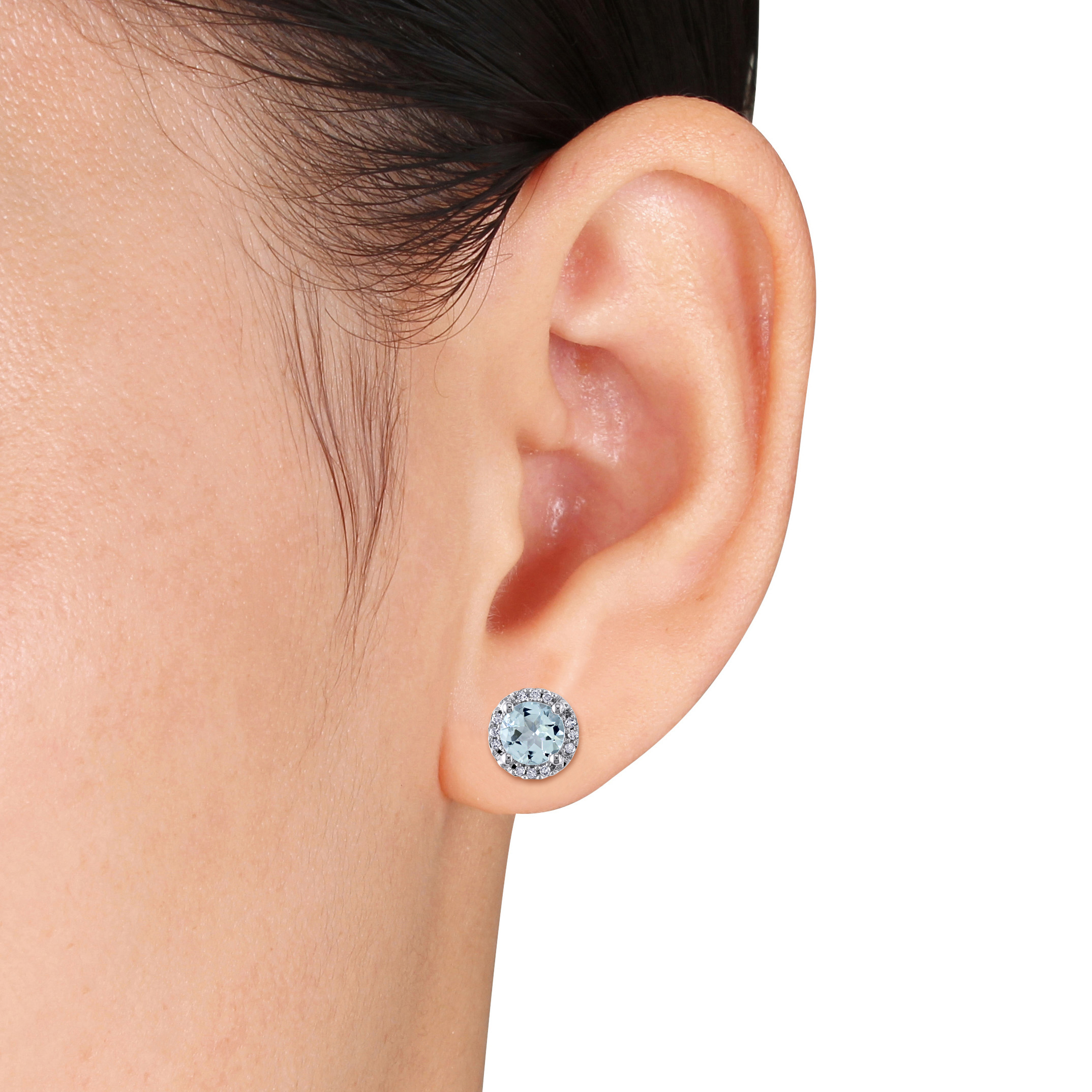 Halo Diamond and Aquamarine Stud Earrings in 10k White Gold