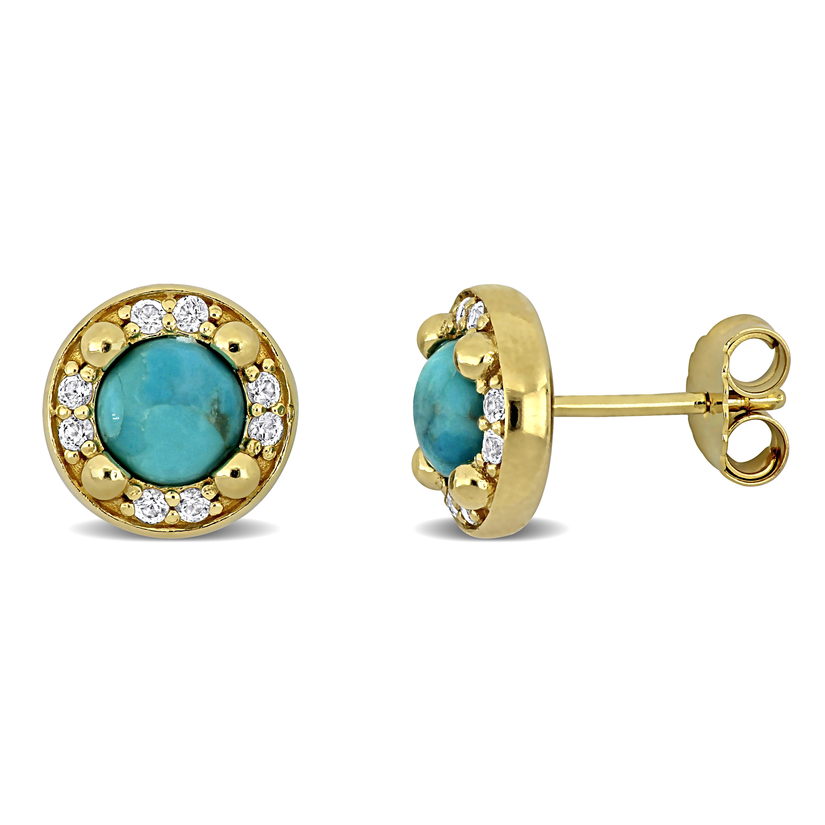 2 1/4ct TGW Composite Light Blue Turquoise and Created White Sapphire Halo Stud Earrings in Yellow Plated Sterling Silver