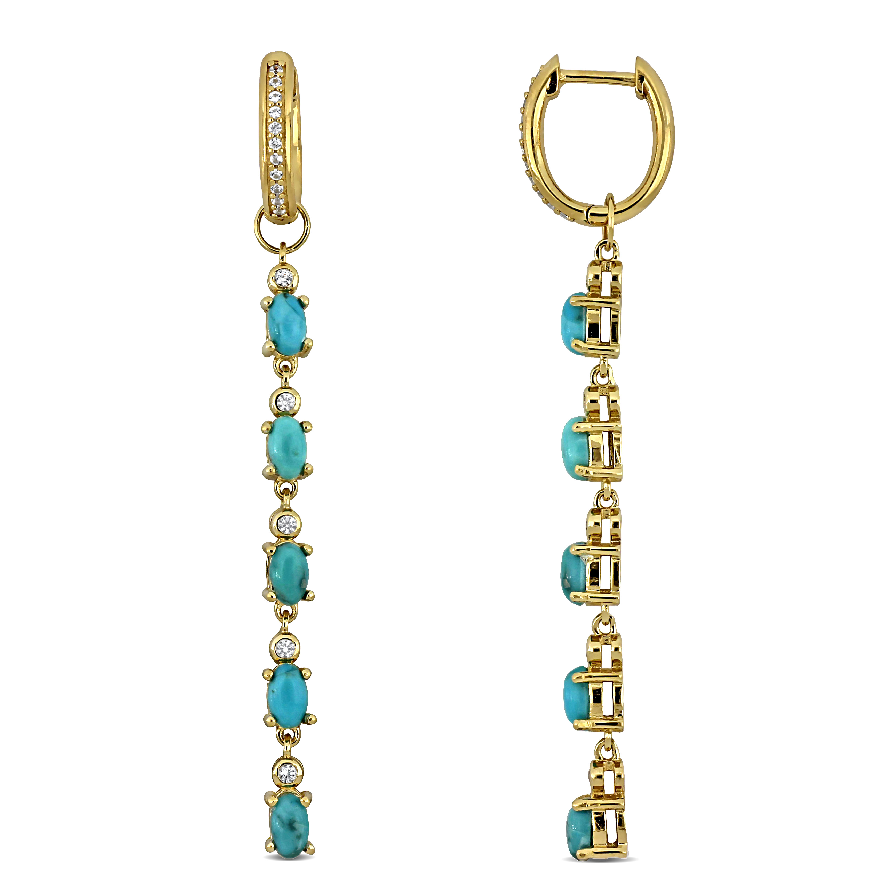 2 1/10ct TGW Composite Light Blue Turquoise and Created White Sapphire Linear Drop Earrings in Yellow Plated Sterling Silver