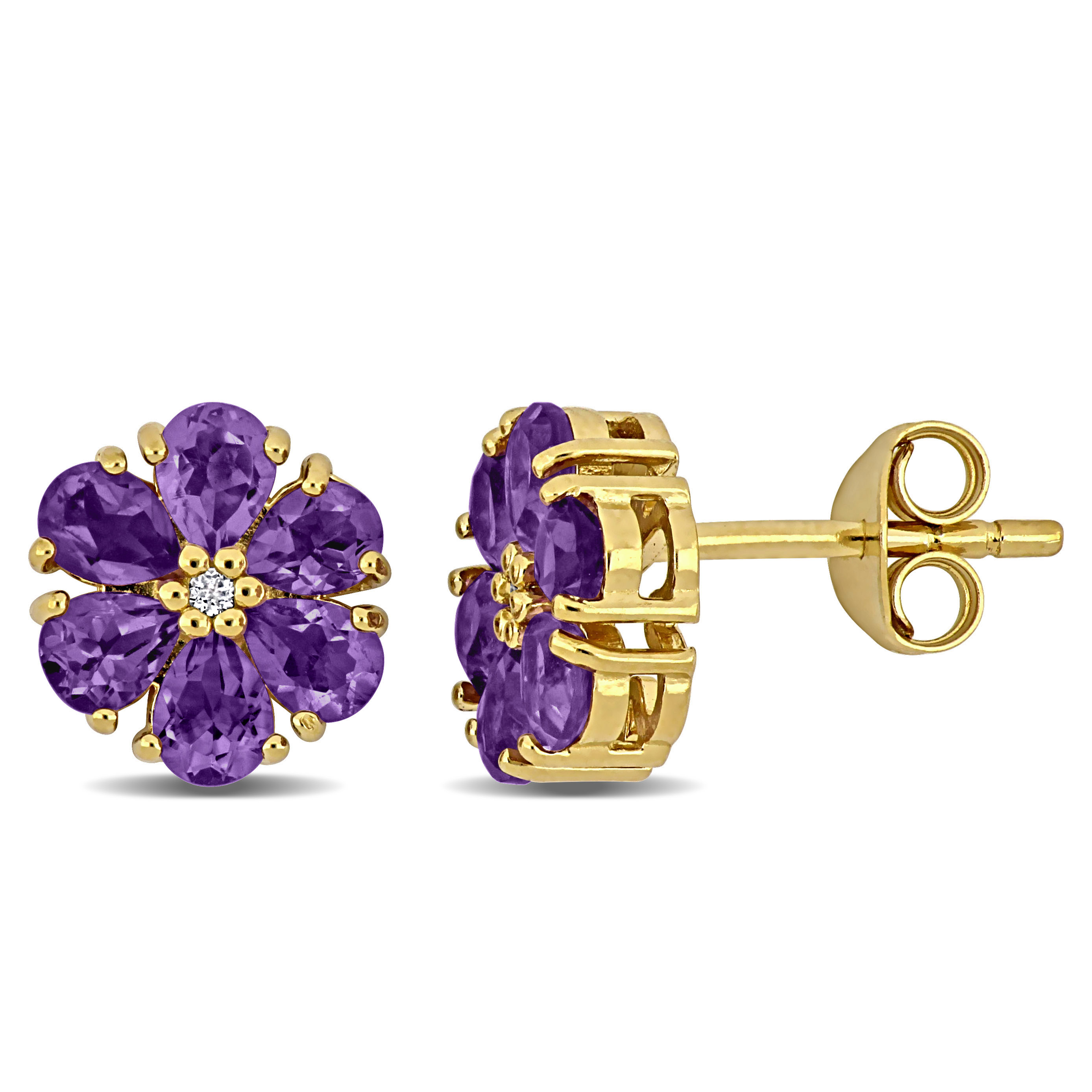 1 4/5 CT TGW Amethyst and White Topaz Flower Stud Earrings in Yellow Plated Sterling Silver