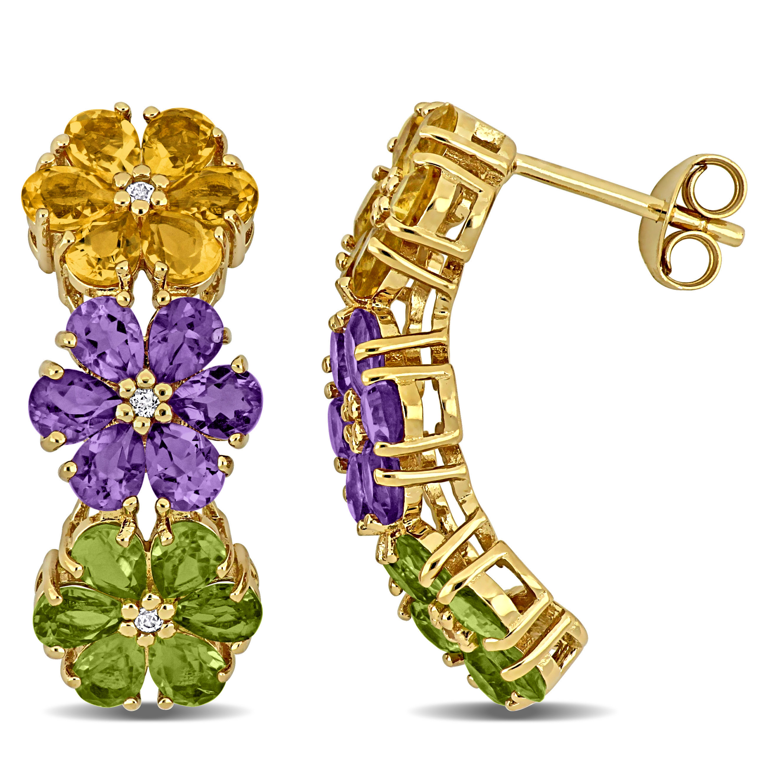 5 1/3 CT TGW Amethyst Citrine Peridot and White Topaz Flower Drop Earrings in Yellow Plated Sterling Silver