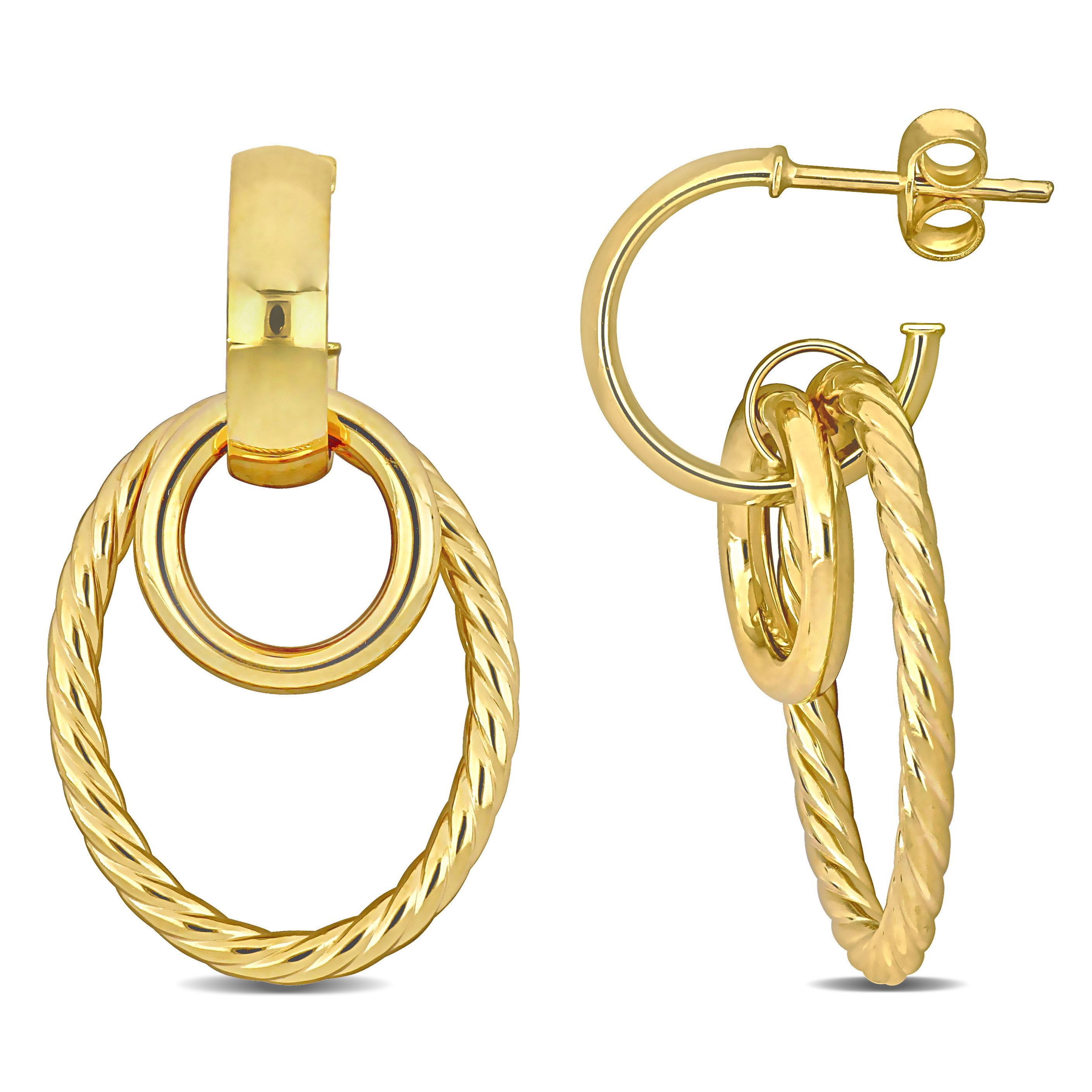 Open Huggie Hoop with Open Circle & Oval Drop Earrings in 14k Yellow Gold