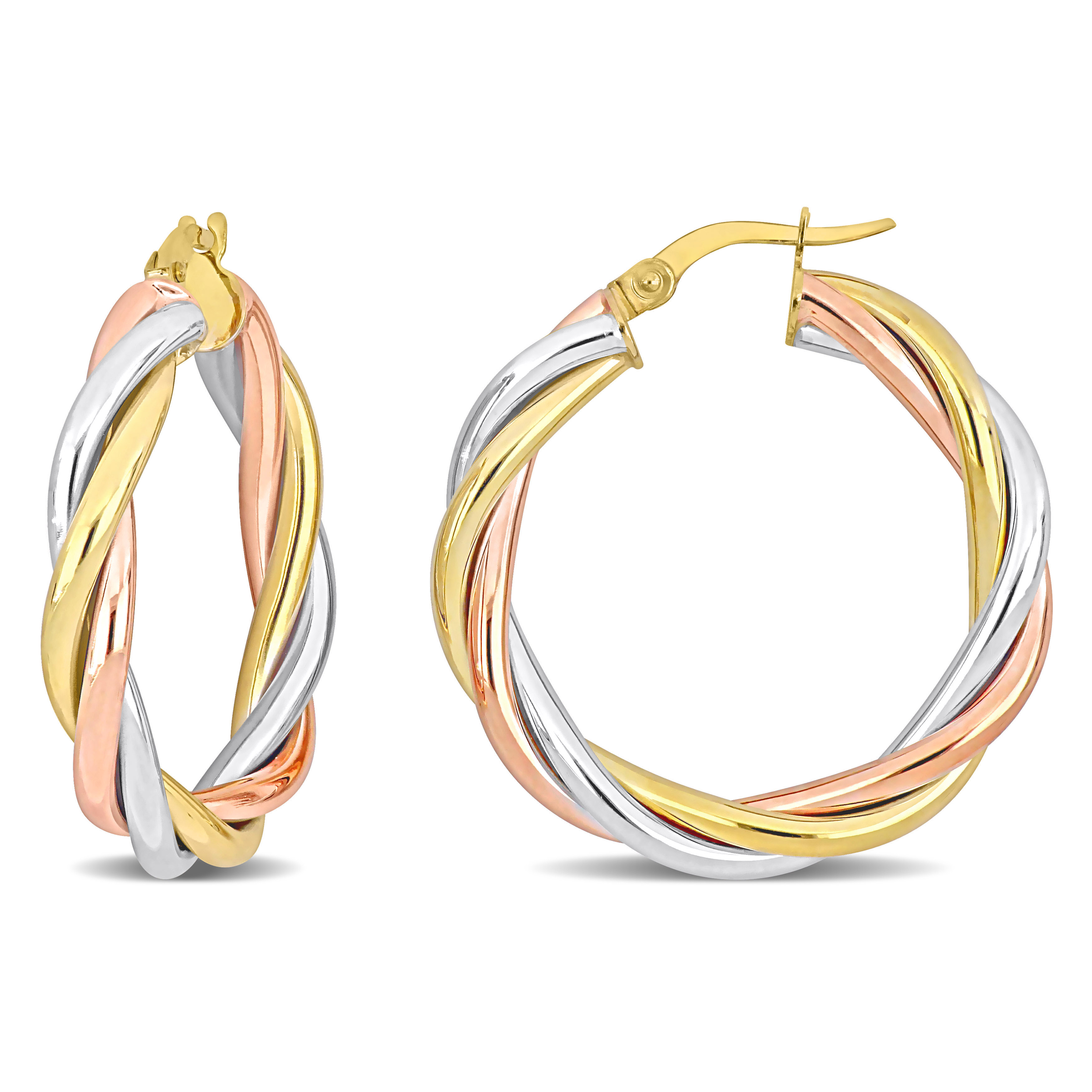 31 MM Twisted Hoop Earrings in 3-Tone 14k Yellow, Rose and White Gold