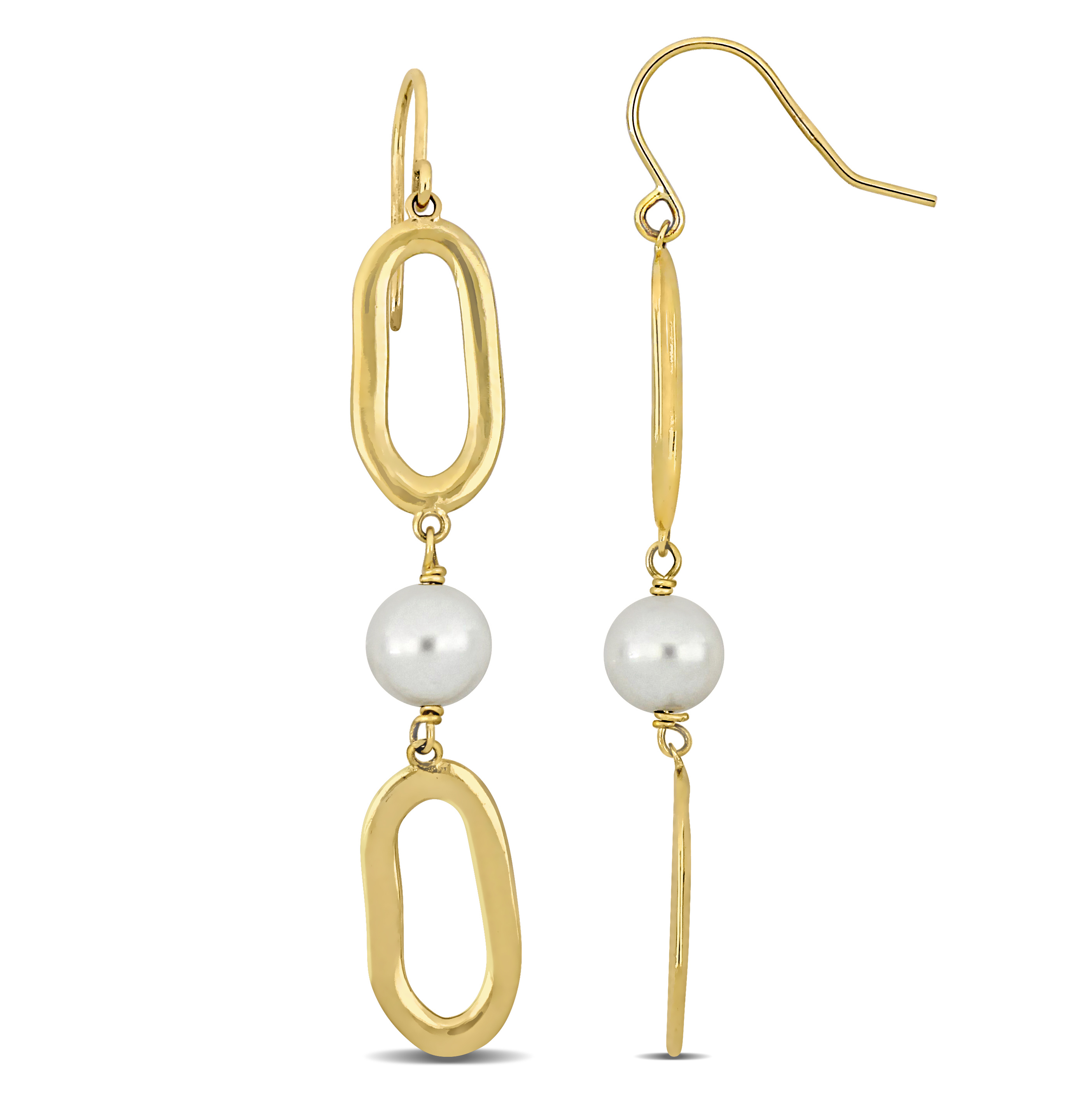 6.5-7 MM Cultured Freshwater Pearl Oval Link Drop Earrings in 10k Yellow Gold