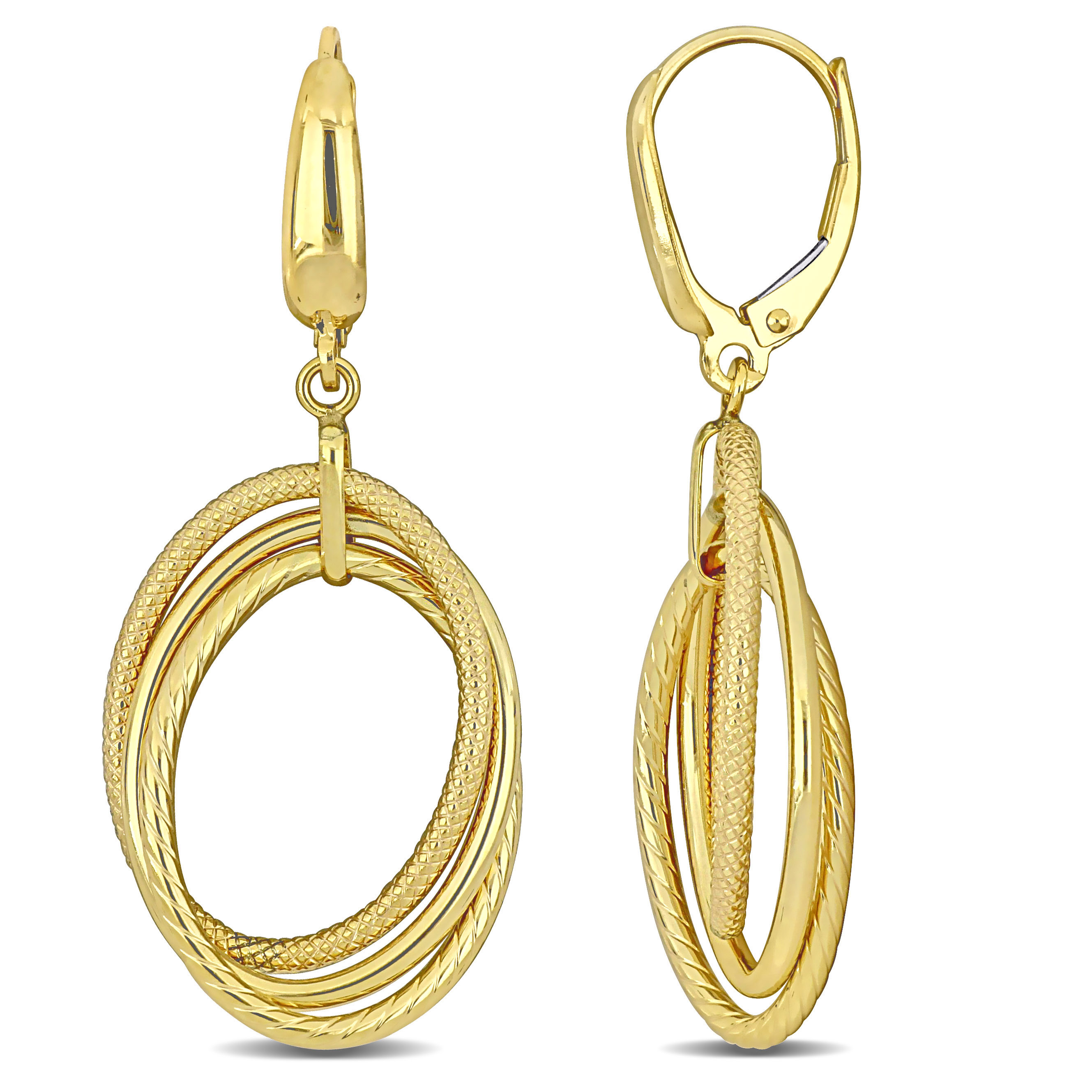 Open Triple Oval Hanging Earrings on Leverback in 10k Yellow Gold