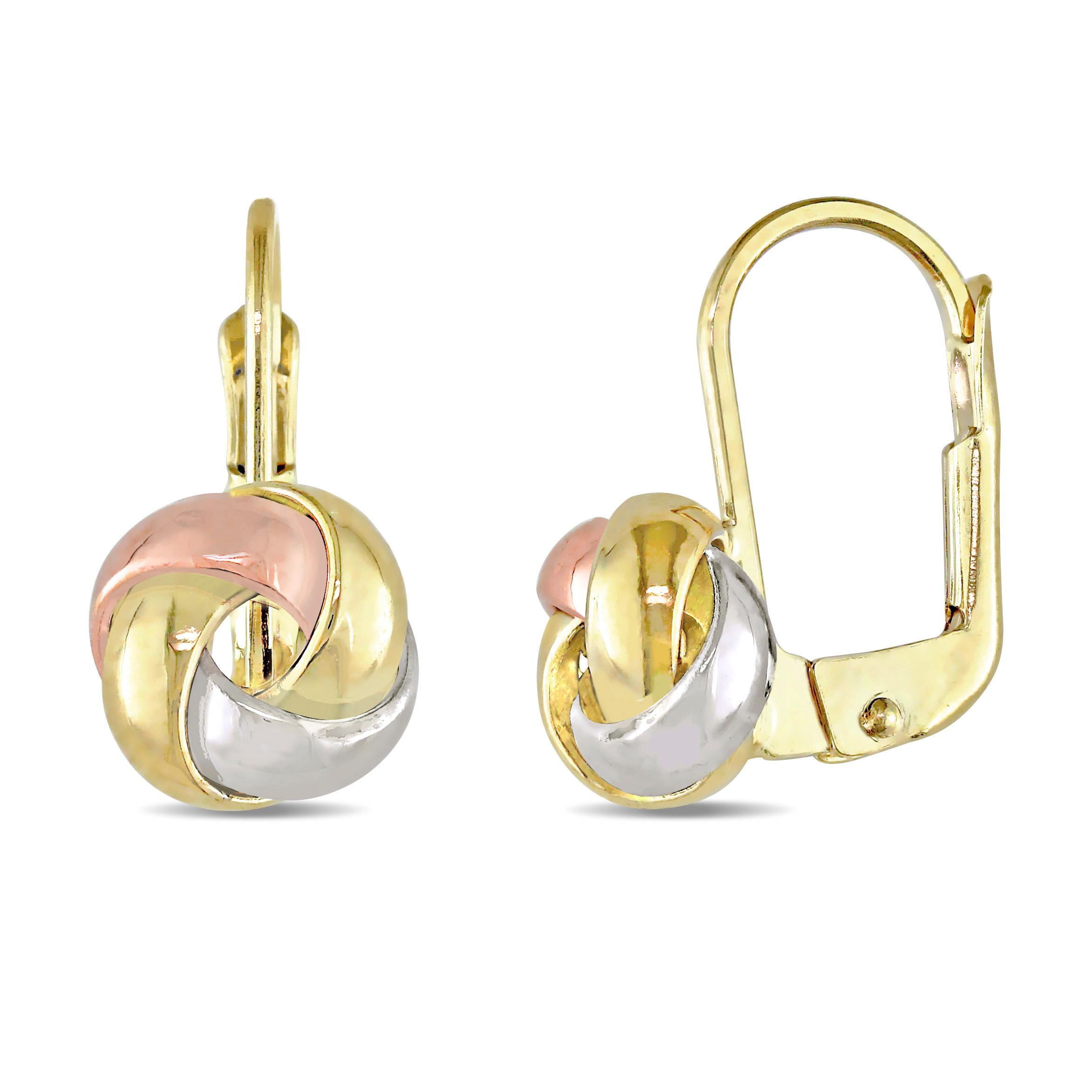 Entwined Polished Love Knot Leverback Earrings in 3-Tone 10k Yellow, Rose and White Gold