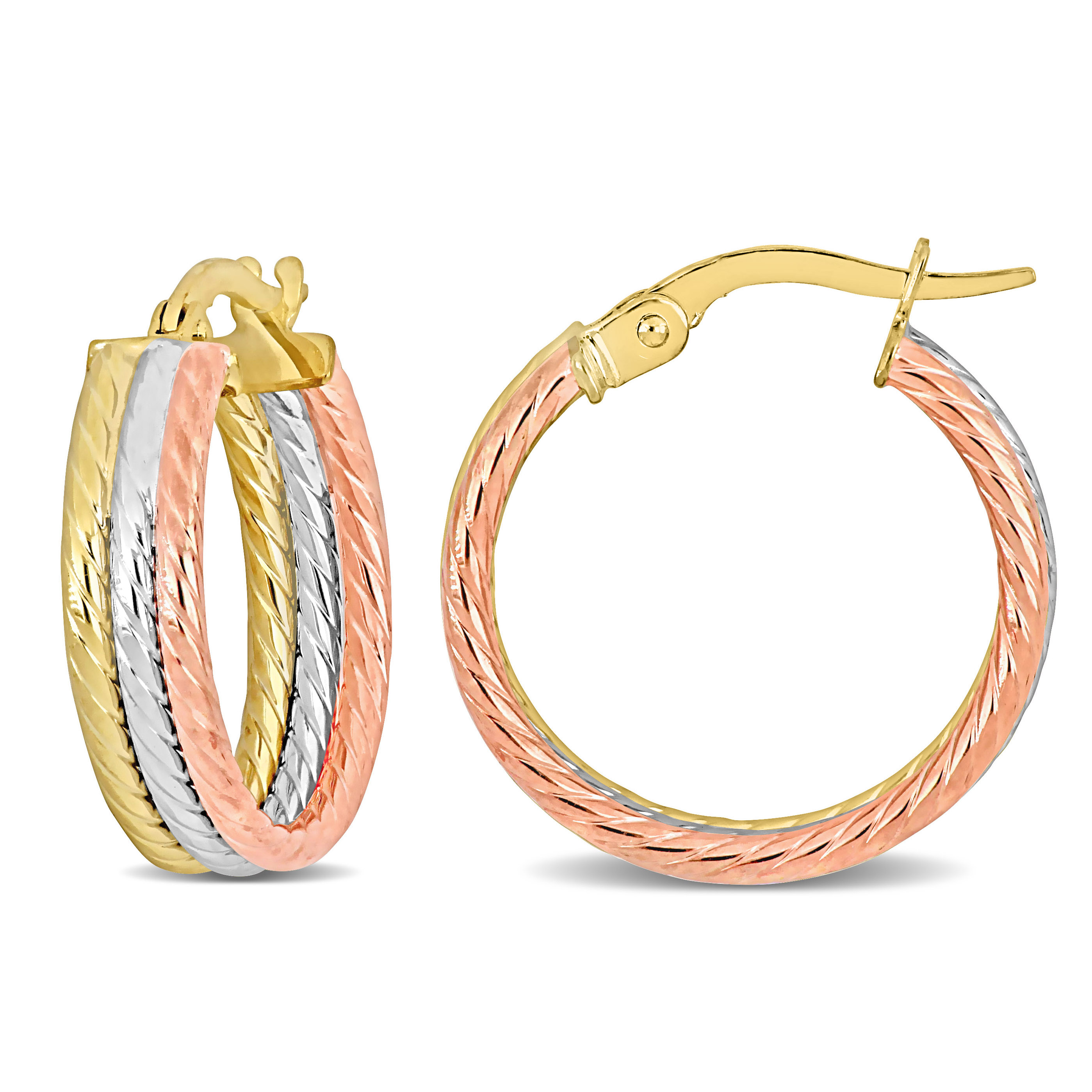 19 MM Triple Row Twisted Hoop Earrings in 3-Tone 10k Yellow, Rose and White Gold