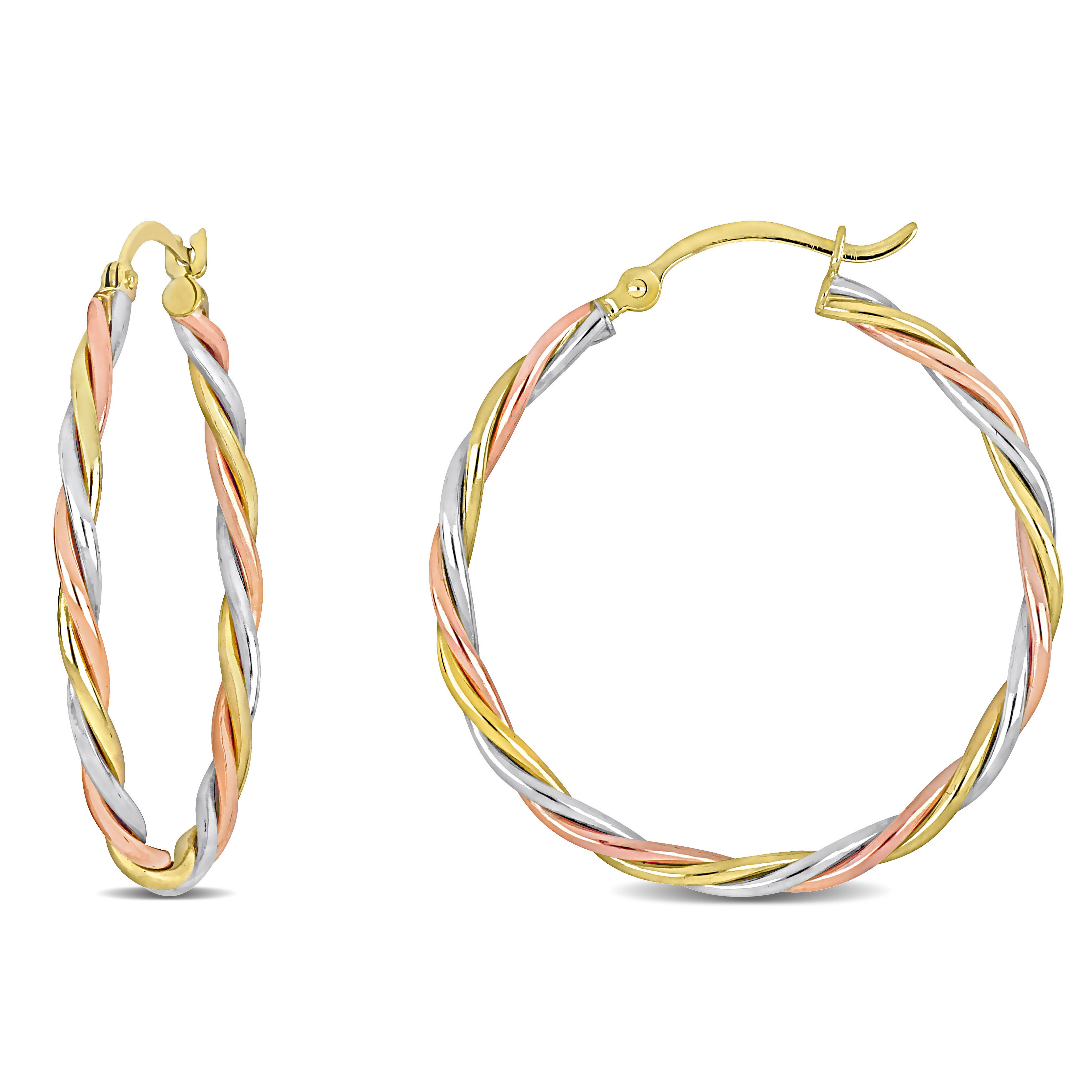 Twisted Hoop Earrings in 3-Tone 10k White, Yellow & Rose Gold