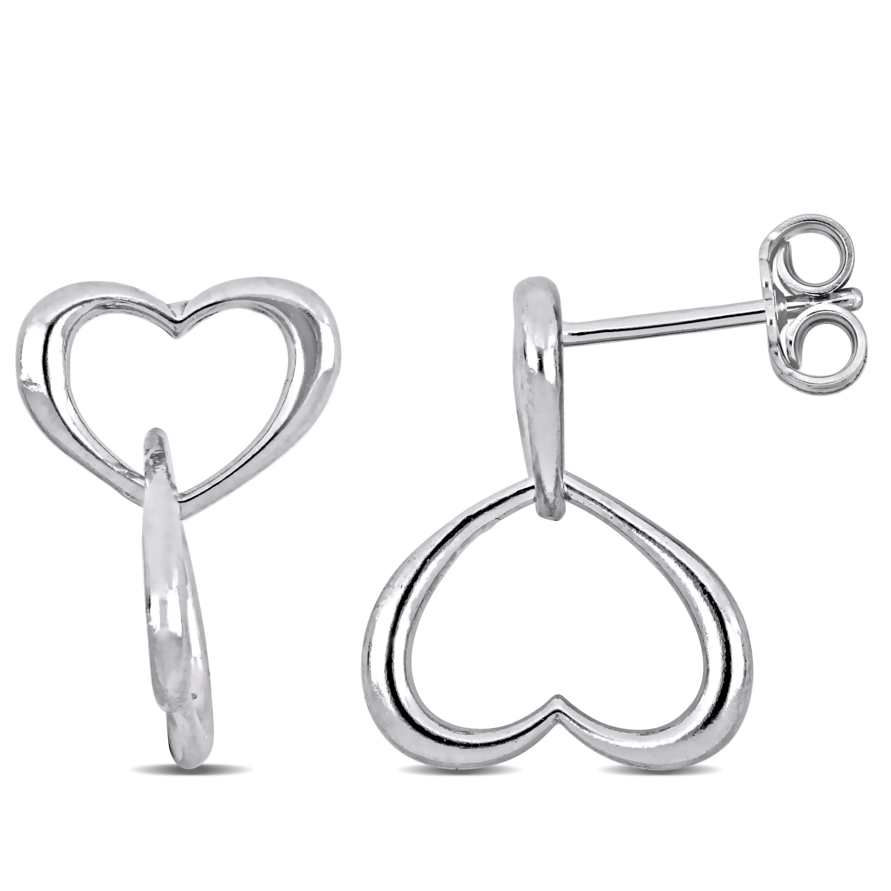 Double Heart Drop Earrings in Sterling Silver