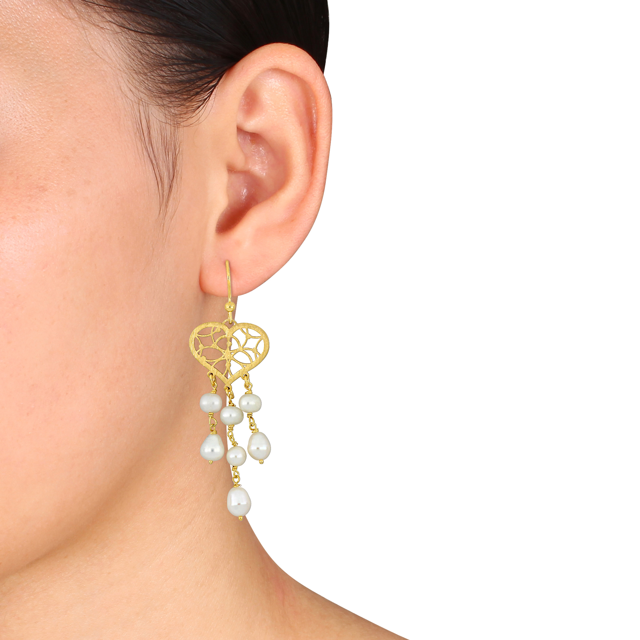 6-6.5 MM Cultured Freshwater Pearl Chandelier Style Heart Drop Earrings in Yellow Plated Sterling Silver