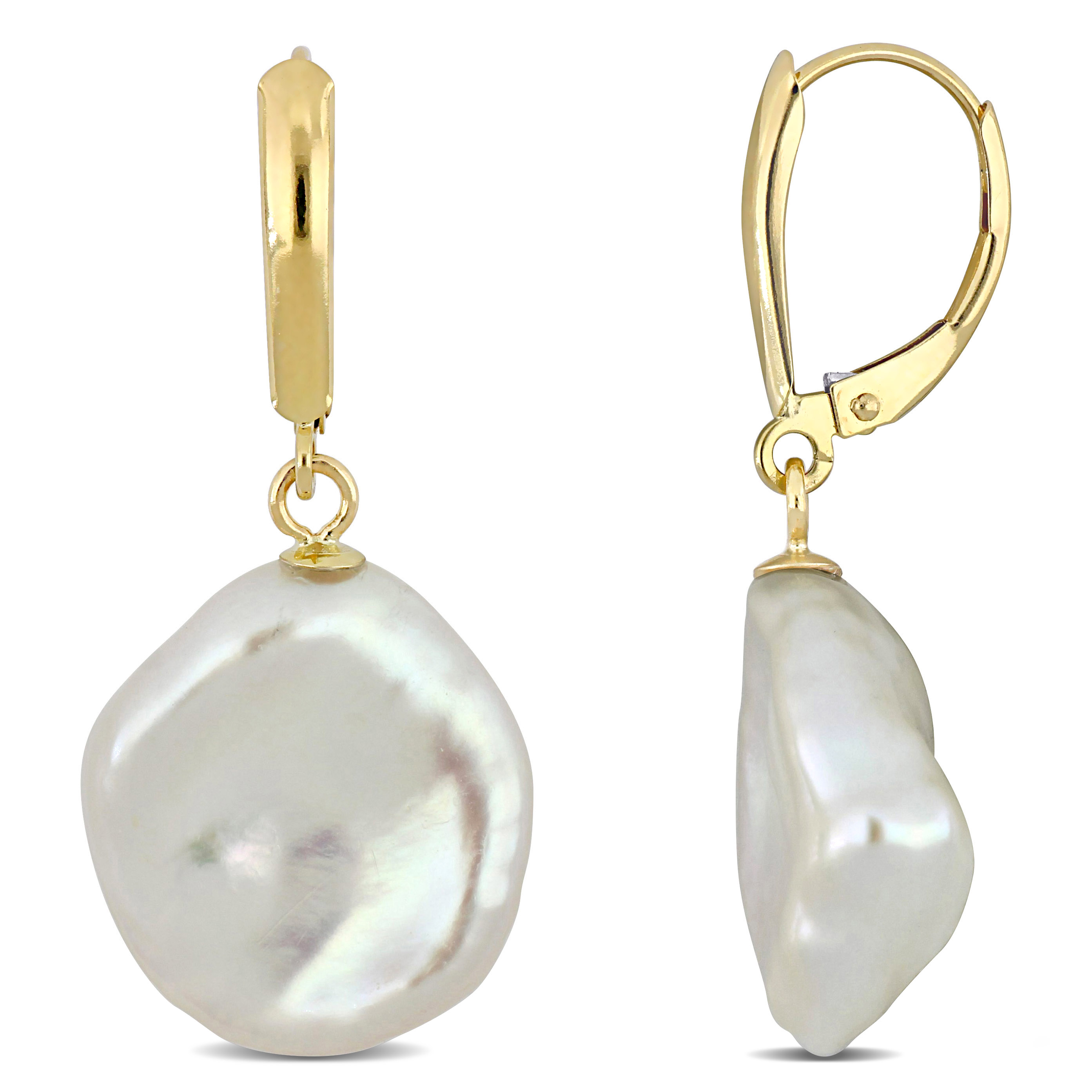 16 MM Freshwater Cultured Coin Pearl Leverback Earrings in 14k Yellow Gold