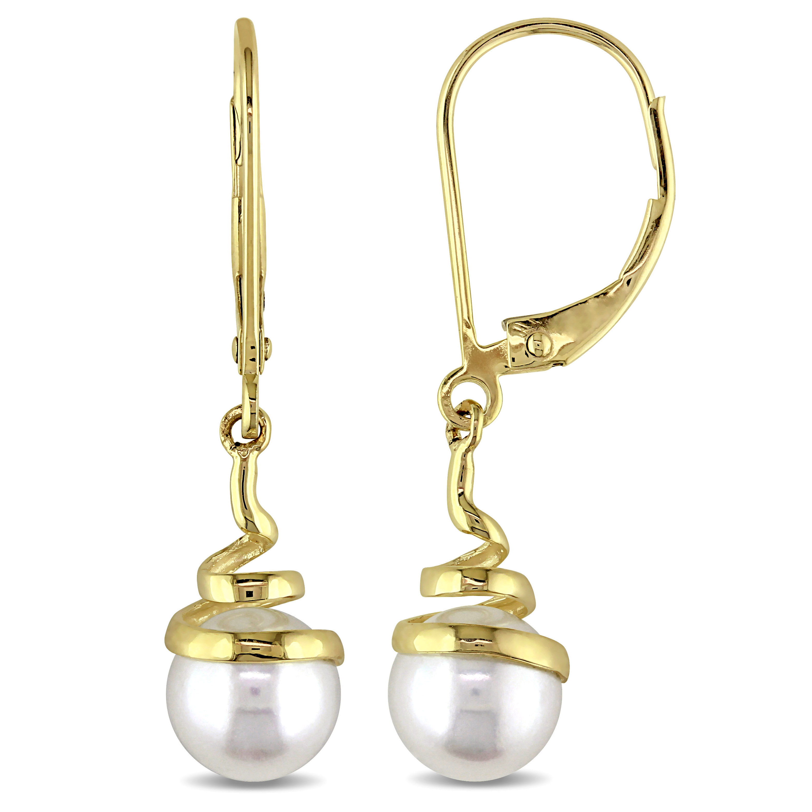 6.5 - 7 MM Cultured Freshwater Pearl Spiral Leverback Earrings in 10k Yellow Gold