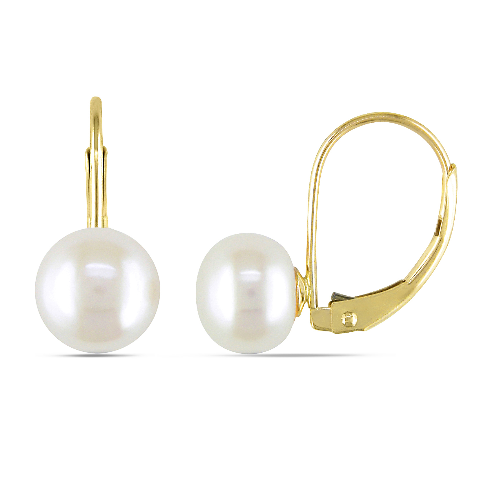 7 - 7.5 MM Cultured Freshwater Pearl Leverback Earrings in 10k Yellow Gold