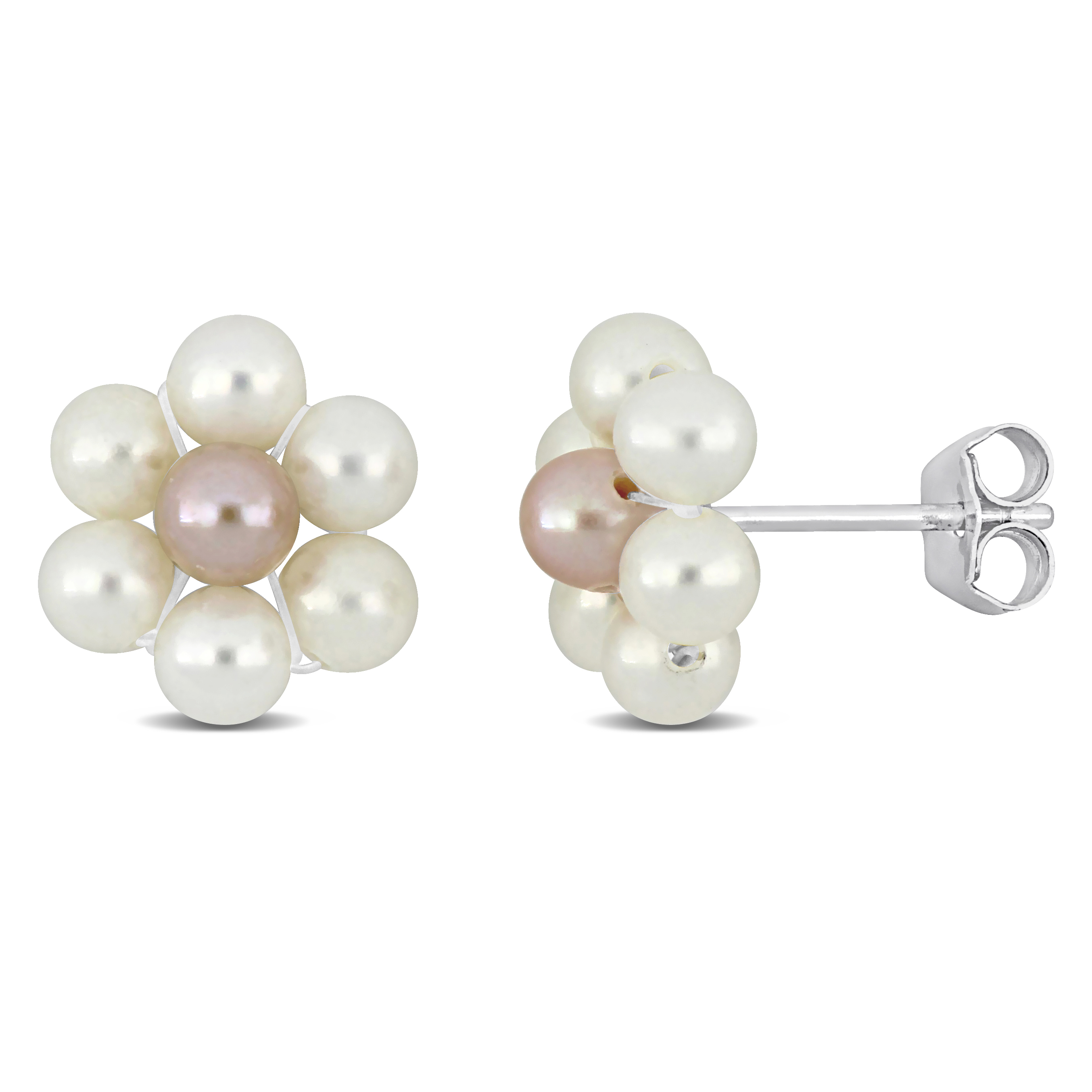 White and Pink Flower Design Cultured Freshwater Pearl Stud Earrings Sterling Silver