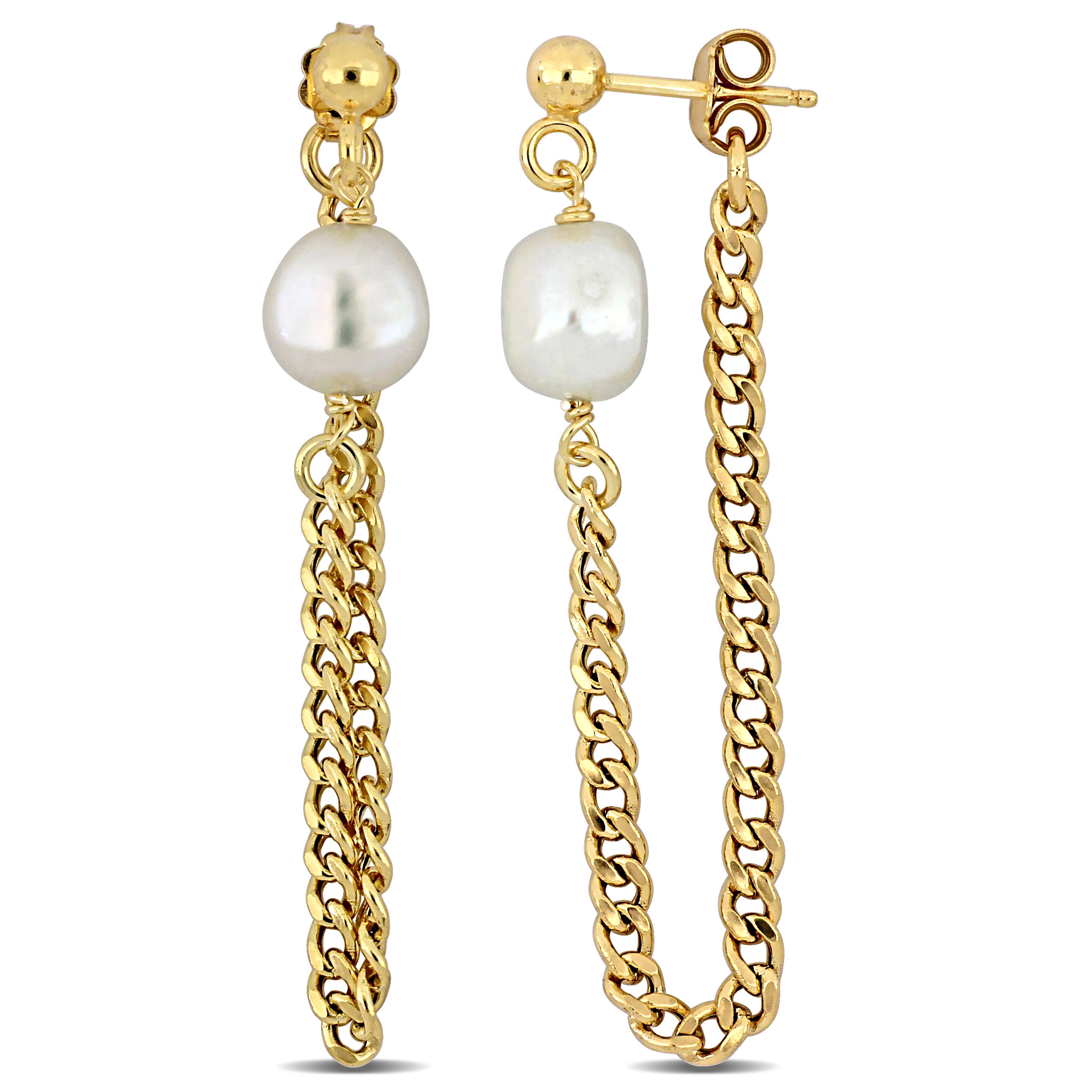 8-8.5 MM Cultured Freshwater Pearl Earrings with Curb Chain in Yellow Gold Plated Sterling Silver
