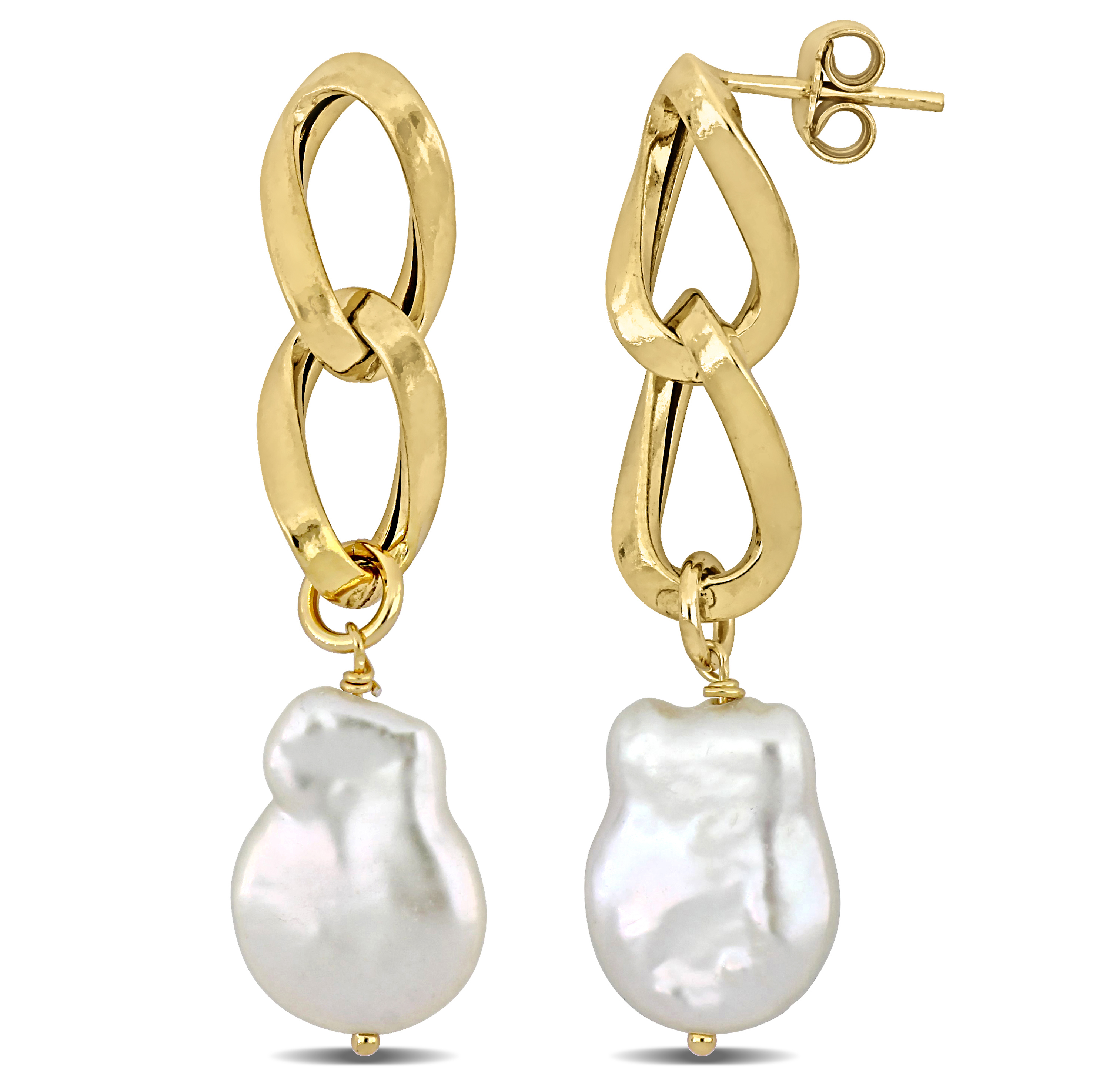 12-13 MM Cultured Freshwater Keshi Pearl Double Link Drop Earrings in Yellow Gold Plated Sterling Silver