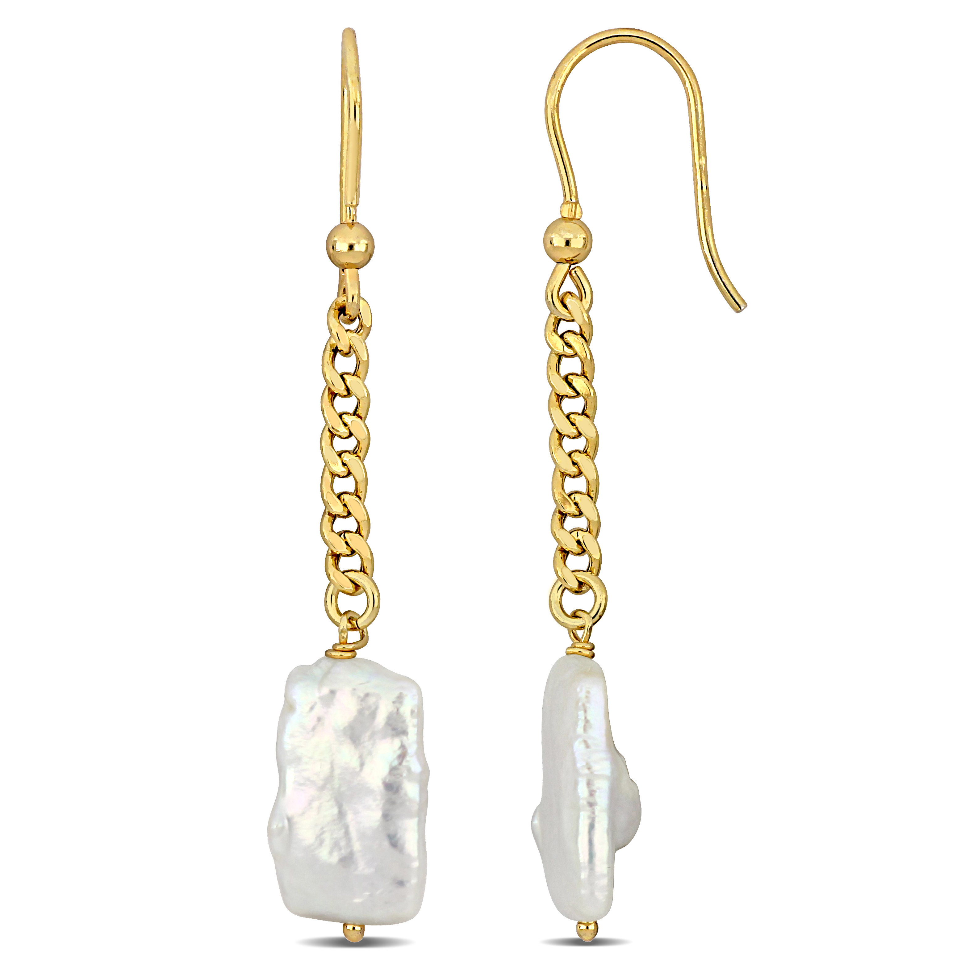 Cultured Freshwater Pearl Shepard Hook Drop Earrings with Curb Chain in Yellow Gold Plated Sterling Silver