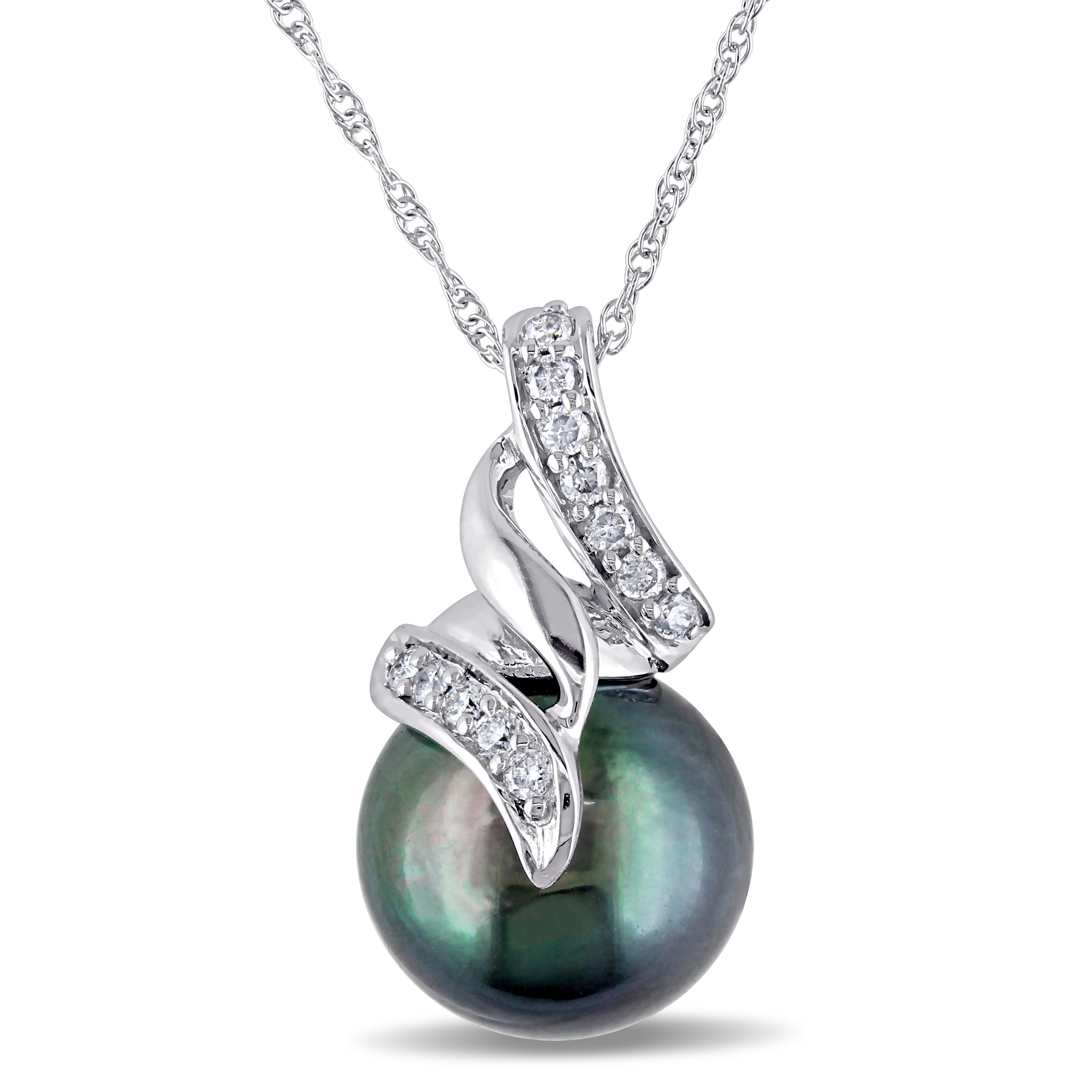 9.5 - 10 MM Black Tahitian Cultured Pearl and 1/10 CT TW Diamond Pendant with Chain in 10k White Gold