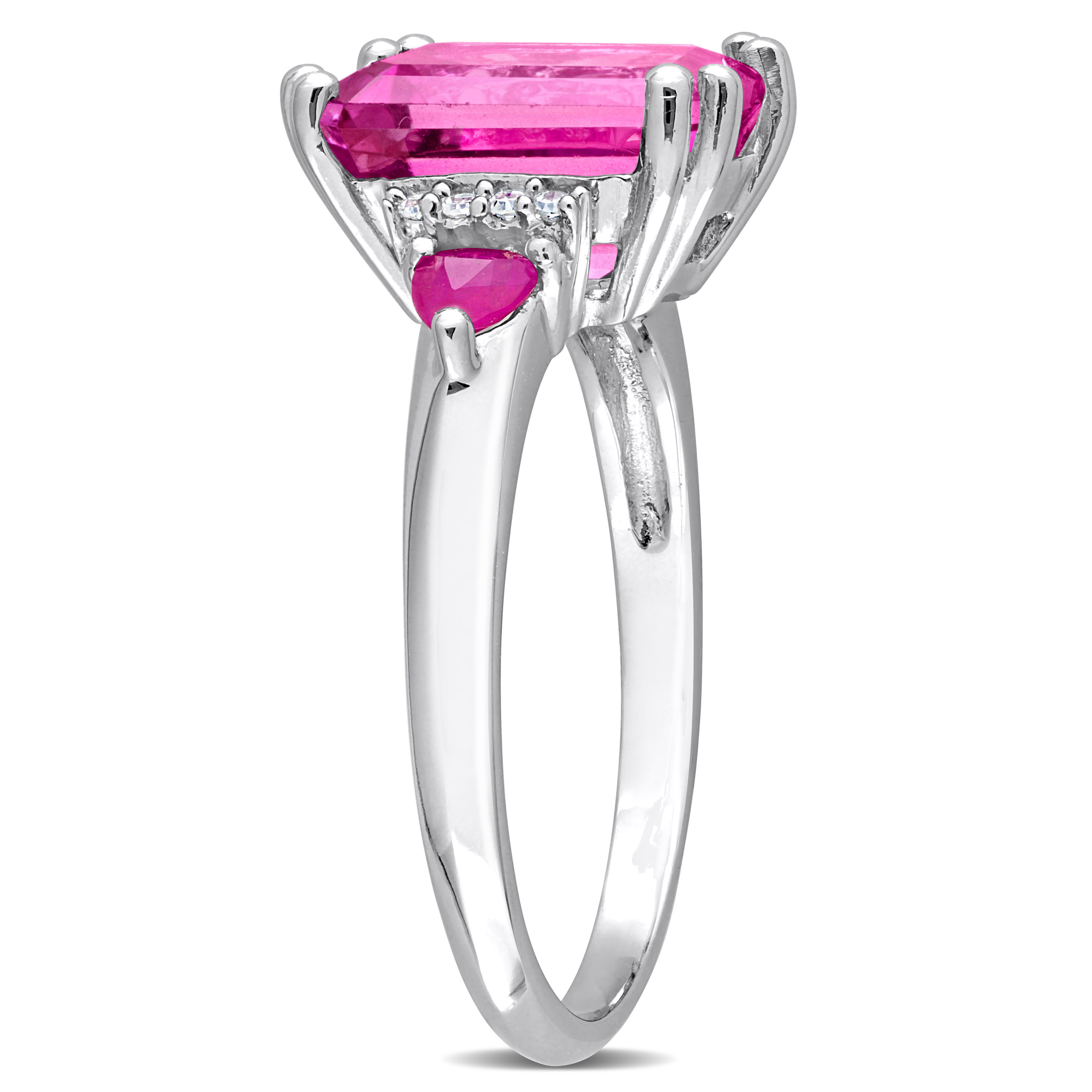 4 1/2 CT TGW Octagon-Cut Pink Topaz & Trilliant-Cut Ruby Diamond Accent 3Stone Ring in Sterling Silver