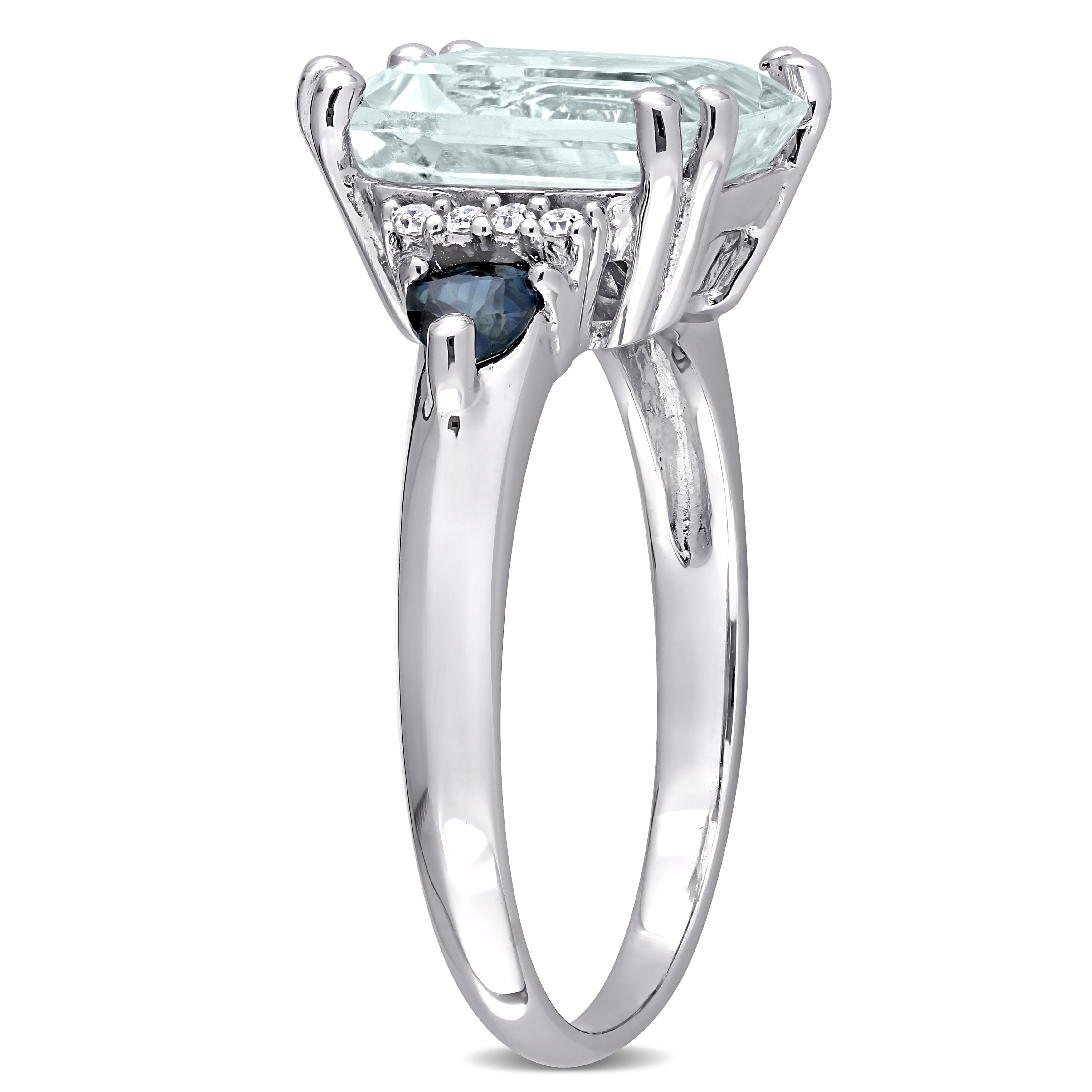 3 1/3 CT TGW Ice Aquamarine and Sapphire and Diamond-Accent Cocktail Ring in Sterling Silver