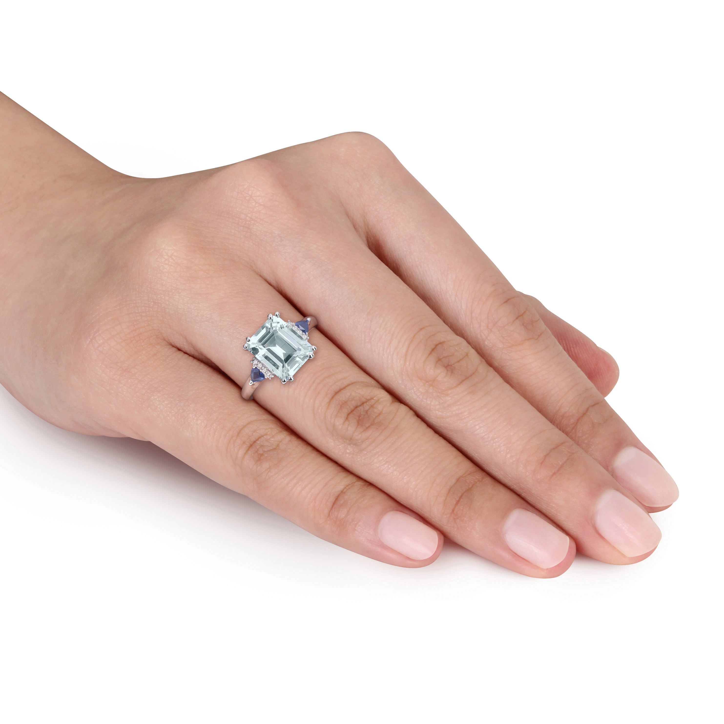 3 1/7 CT TGW Octagon-Cut Aquamarine Trilliant-Cut Blue Sapphire and Diamond Accent 3-Stone Ring 14k White Gold