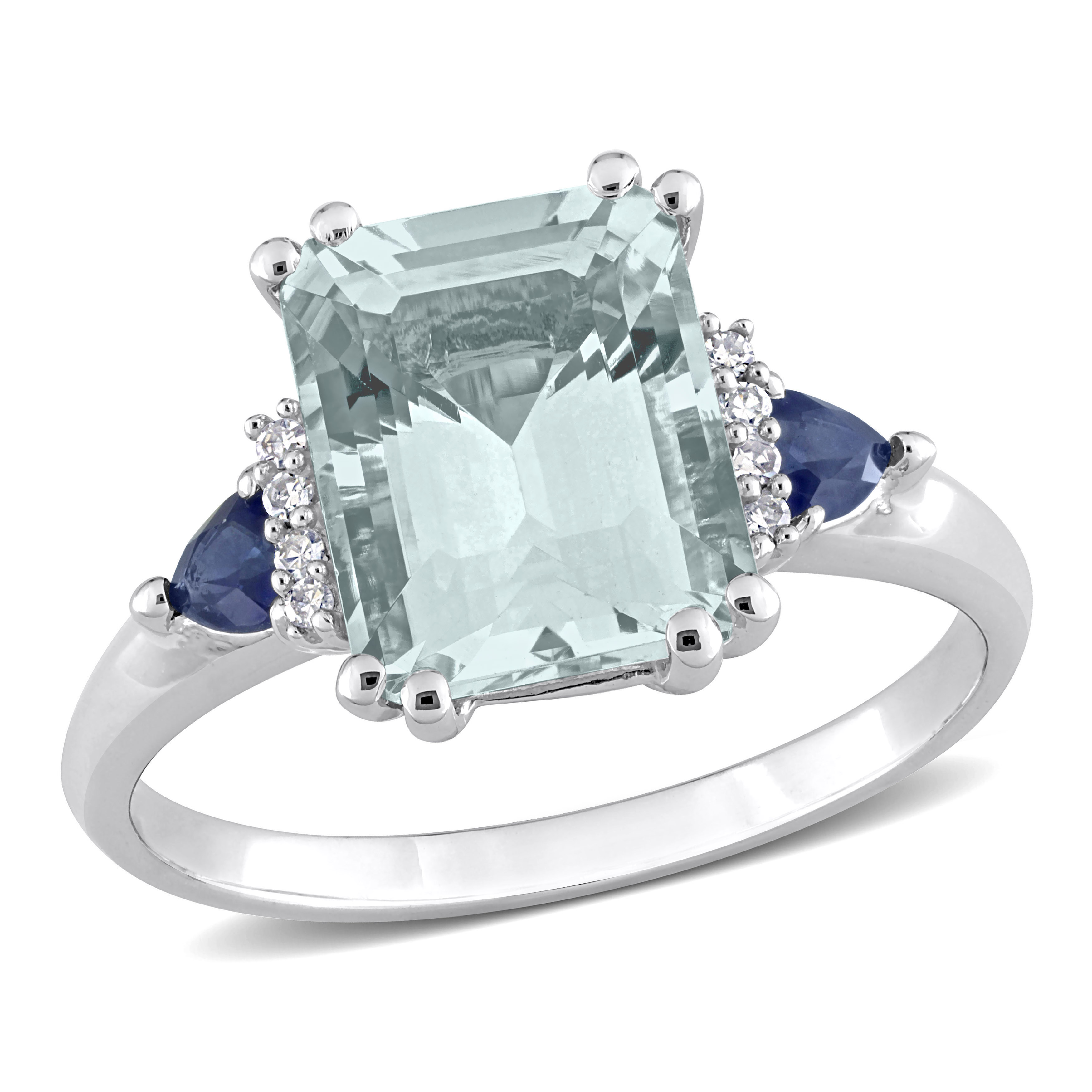 3 1/7 CT TGW Octagon-Cut Aquamarine Trilliant-Cut Blue Sapphire and Diamond Accent 3-Stone Ring 14k White Gold
