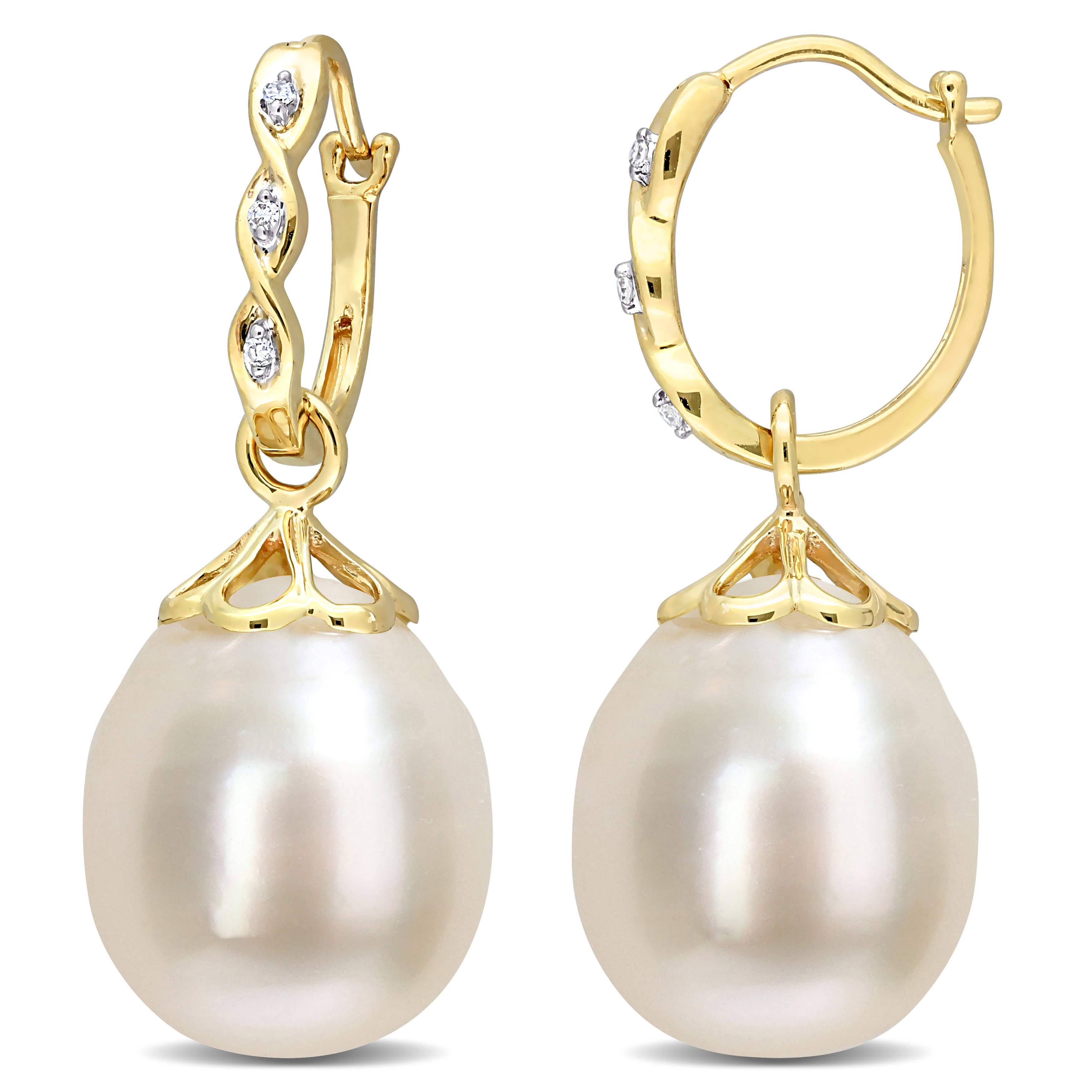 9-9.5 MM South Sea Cultured Pearl and Diamond Accent Drop Earrings in 14k Yellow Gold