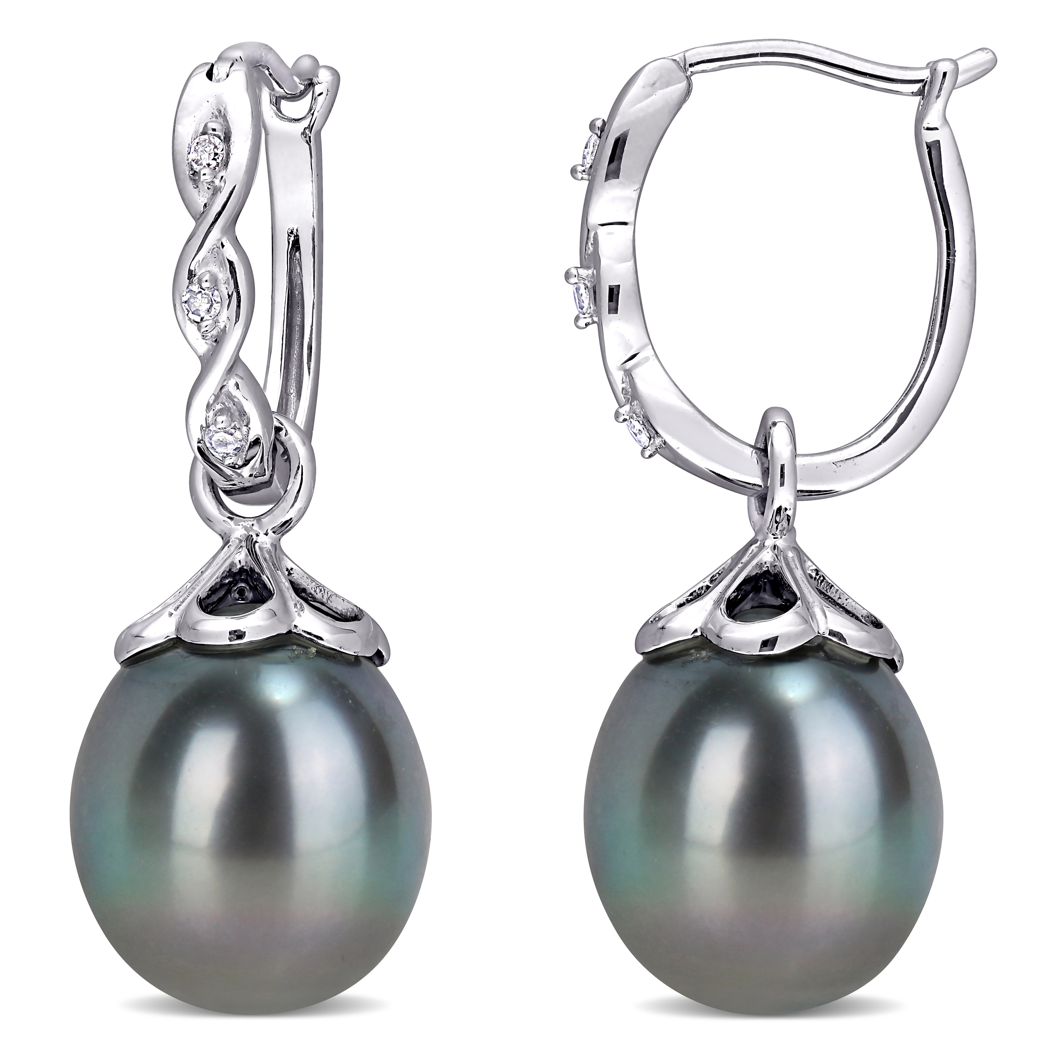 9 - 9.5 MM Black Tahitian Cultured Pearl and Diamond Accent Infinity Hoop Earrings in 10k White Gold