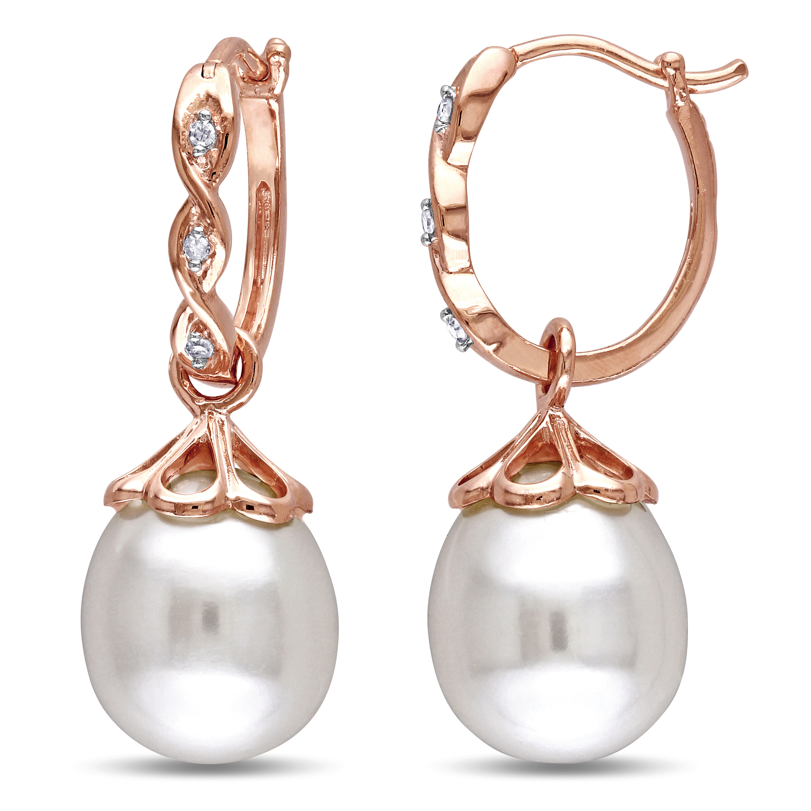 9 - 9.5 MM Freshwater Cultured Pearl and Diamond Accent Infinity Hoop Earrings in 10k Rose Gold