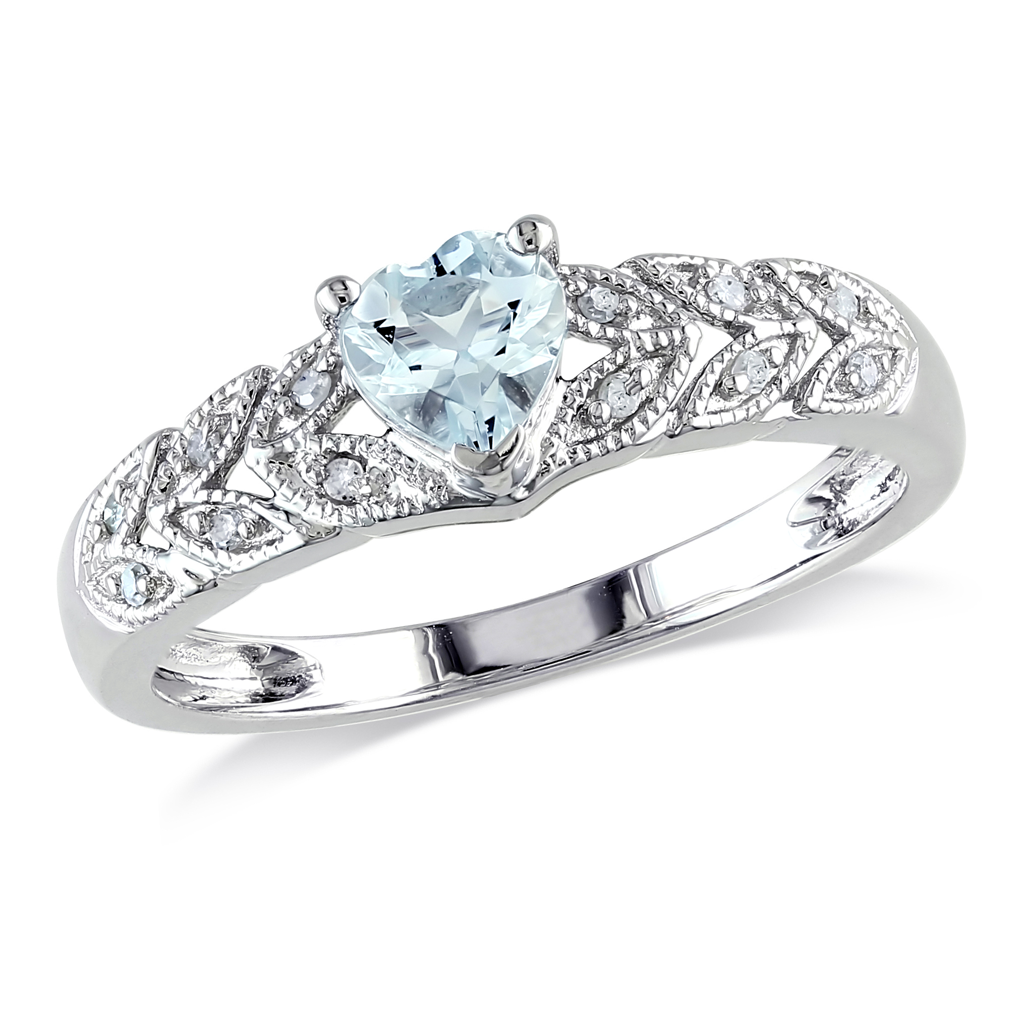 Aquamarine and Diamond Accent Vintage Heart Ring in Sterling Silver