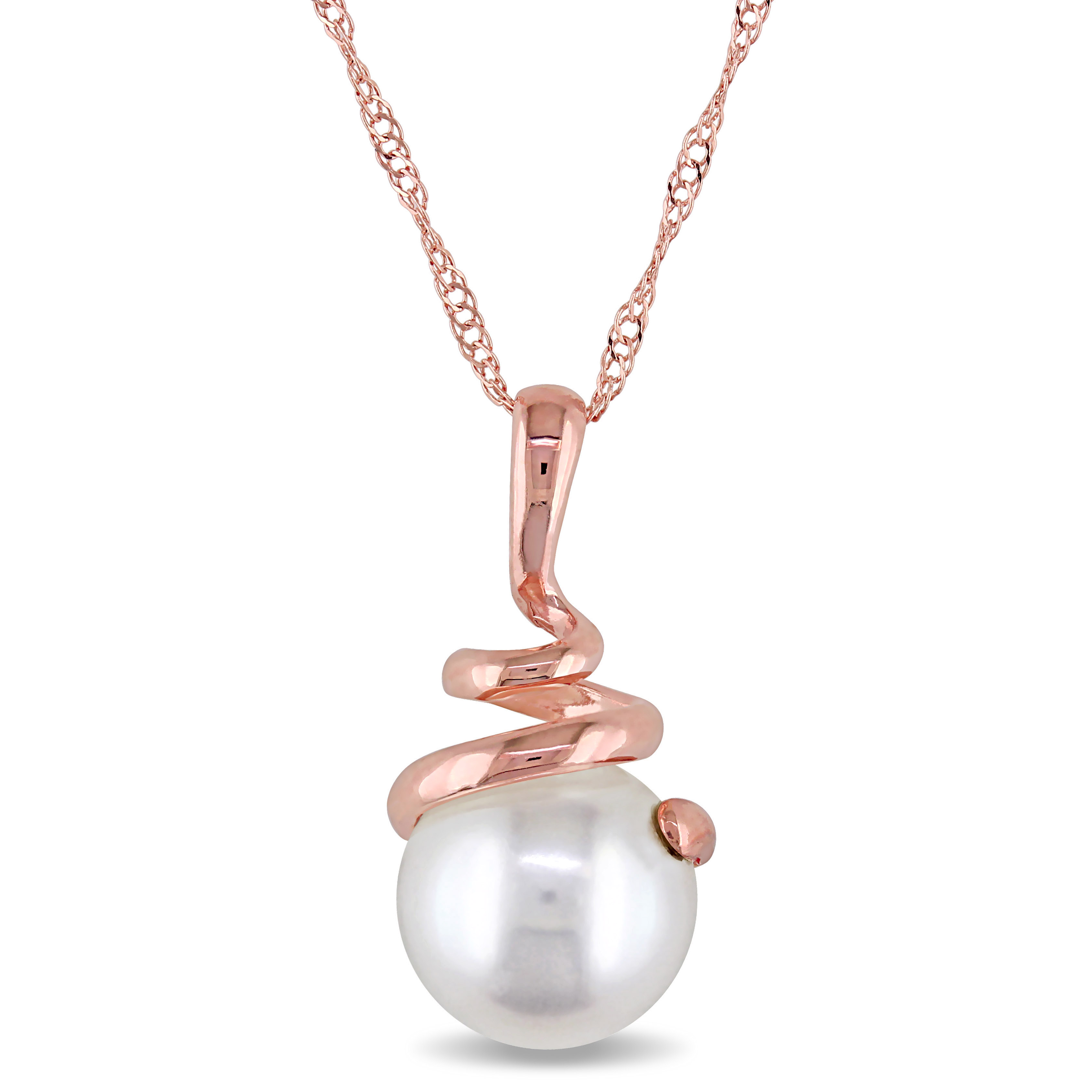 8 - 8.5 MM Freshwater Cultured Pearl Swirl Pendant with Chain in 14k Rose Gold