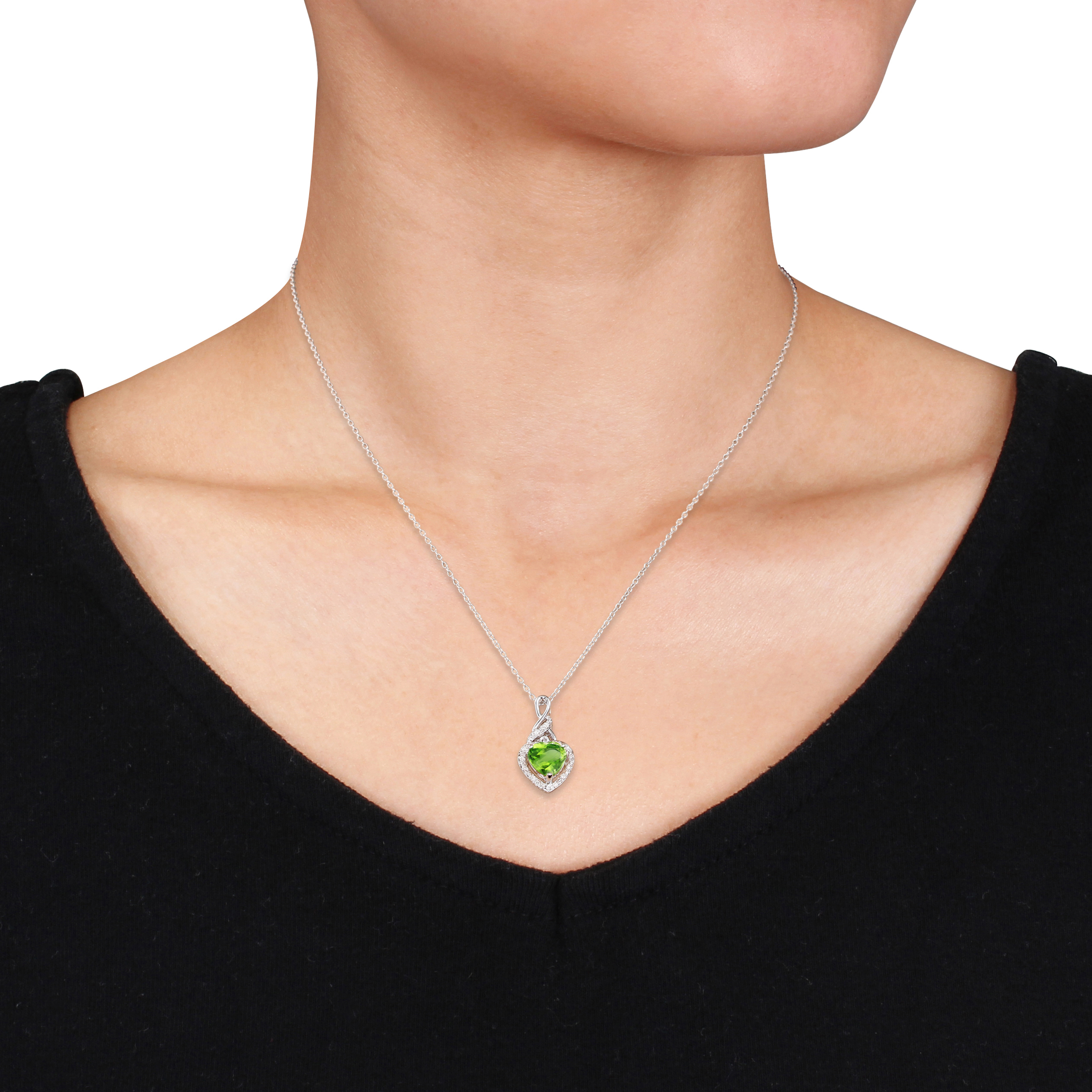 Diamond and Peridot Heart Twist Pendant With Chain in Sterling Silver