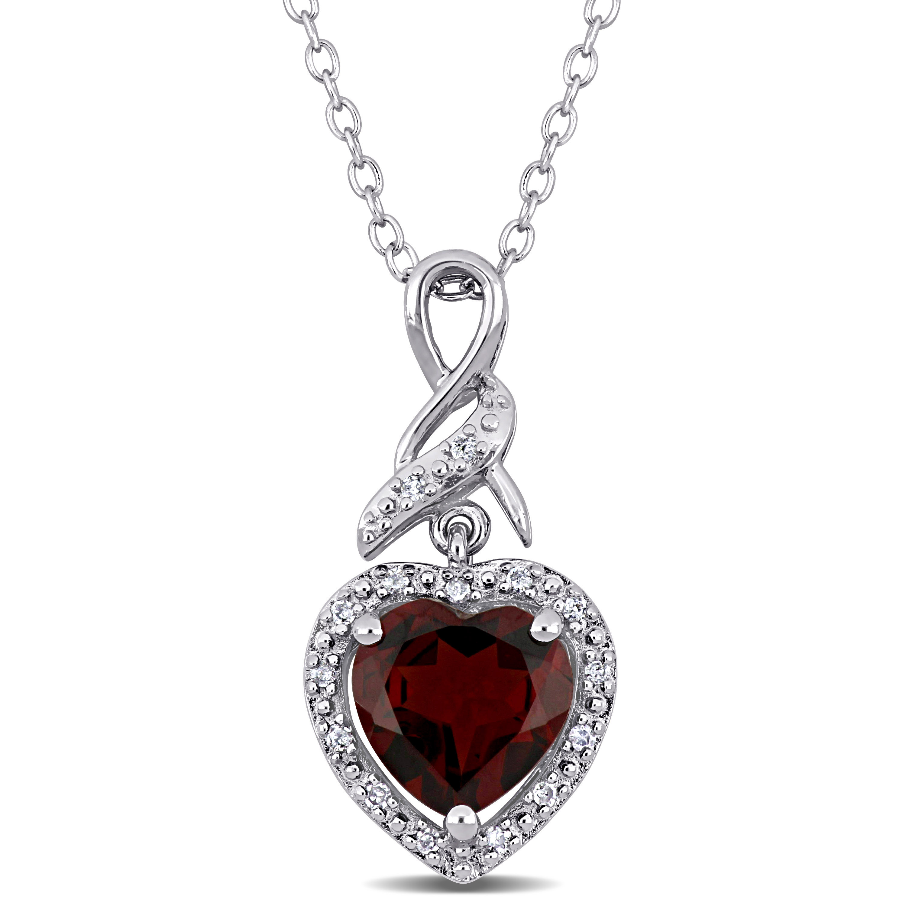 Garnet and Diamond Heart Halo Twist Pendant with Chain in Sterling Silver