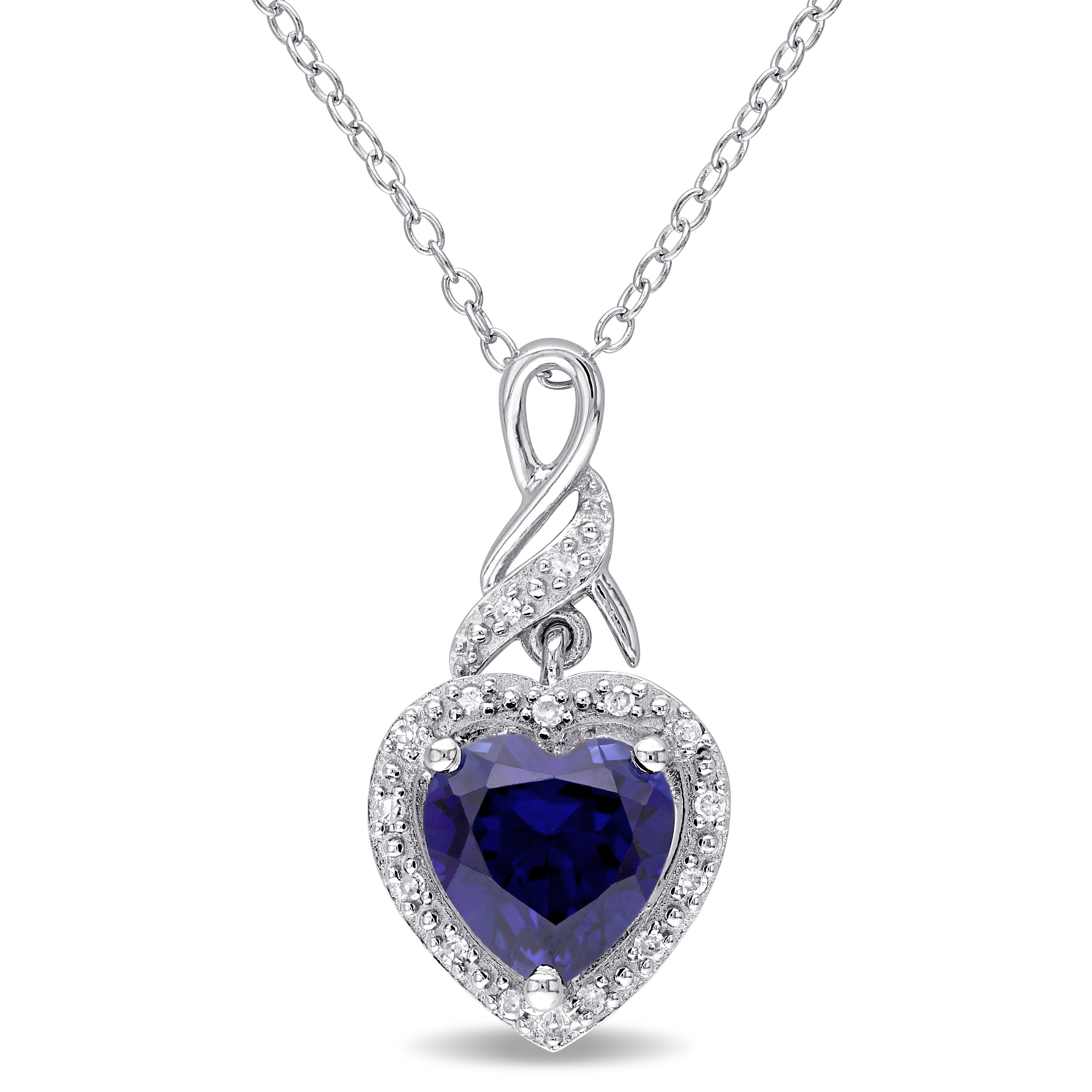 Diamond and Created Blue Sapphire Heart Twist Pendant with Chain in Sterling Silver