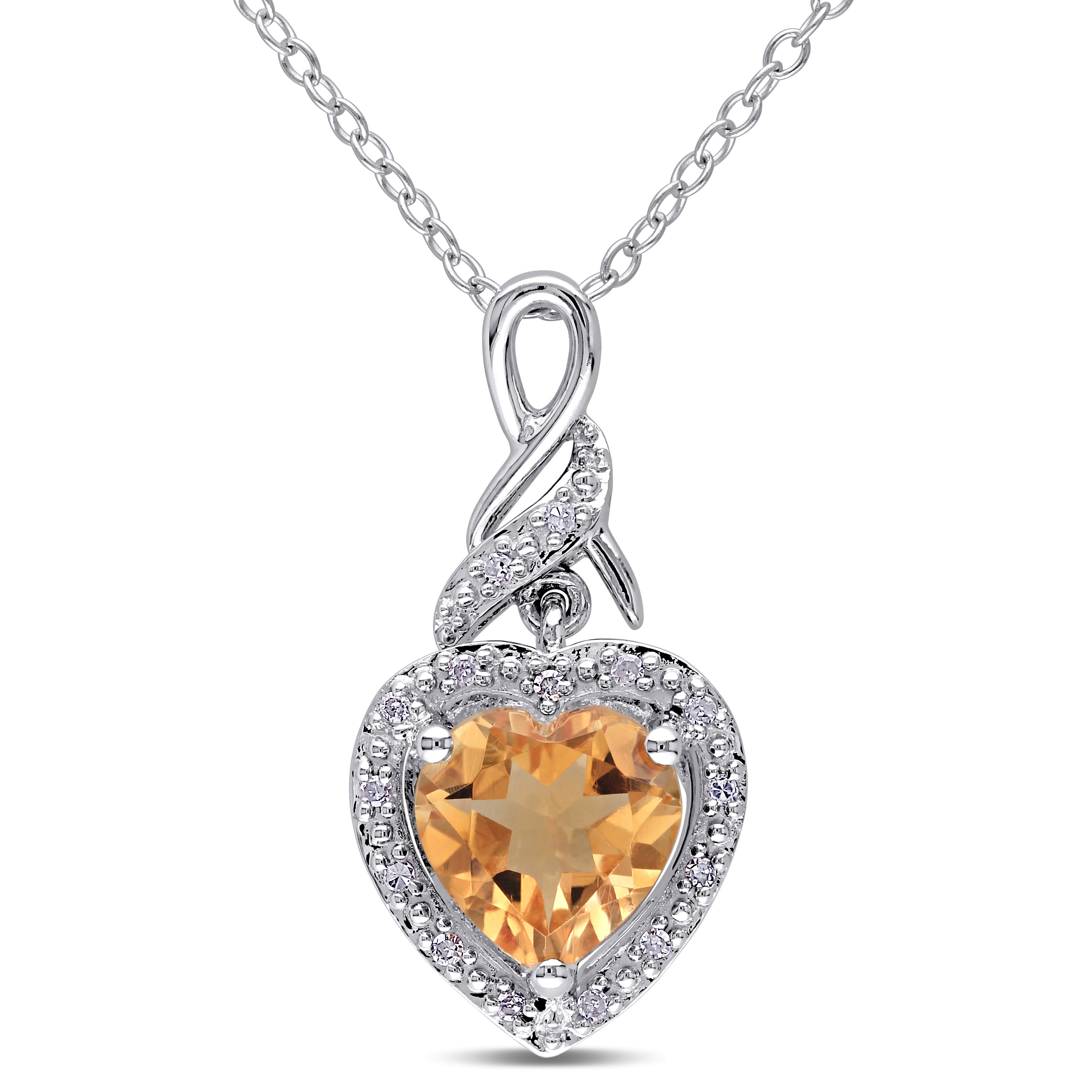Diamond and Citrine Heart Twist Pendant With Chain in Sterling Silver