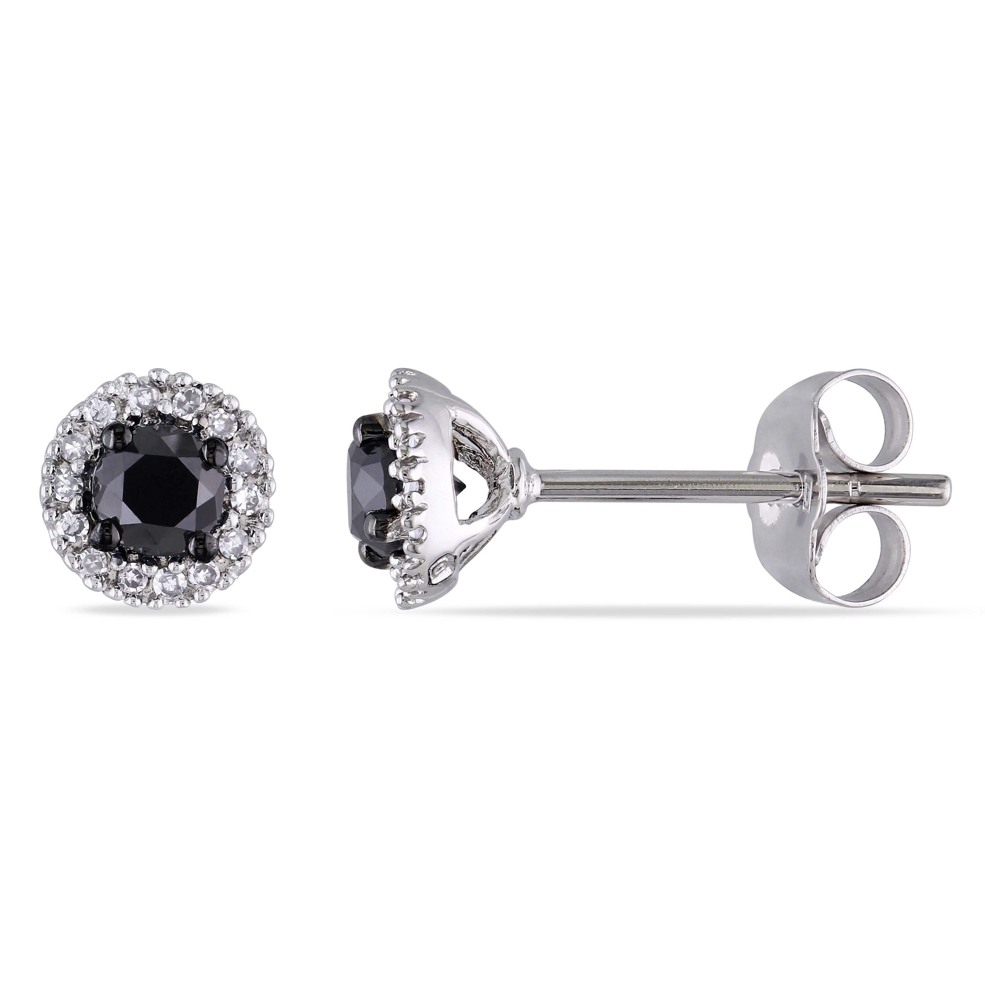 1/2 CT TW Black and White Halo Diamond Stud Earrings in 14k White Gold