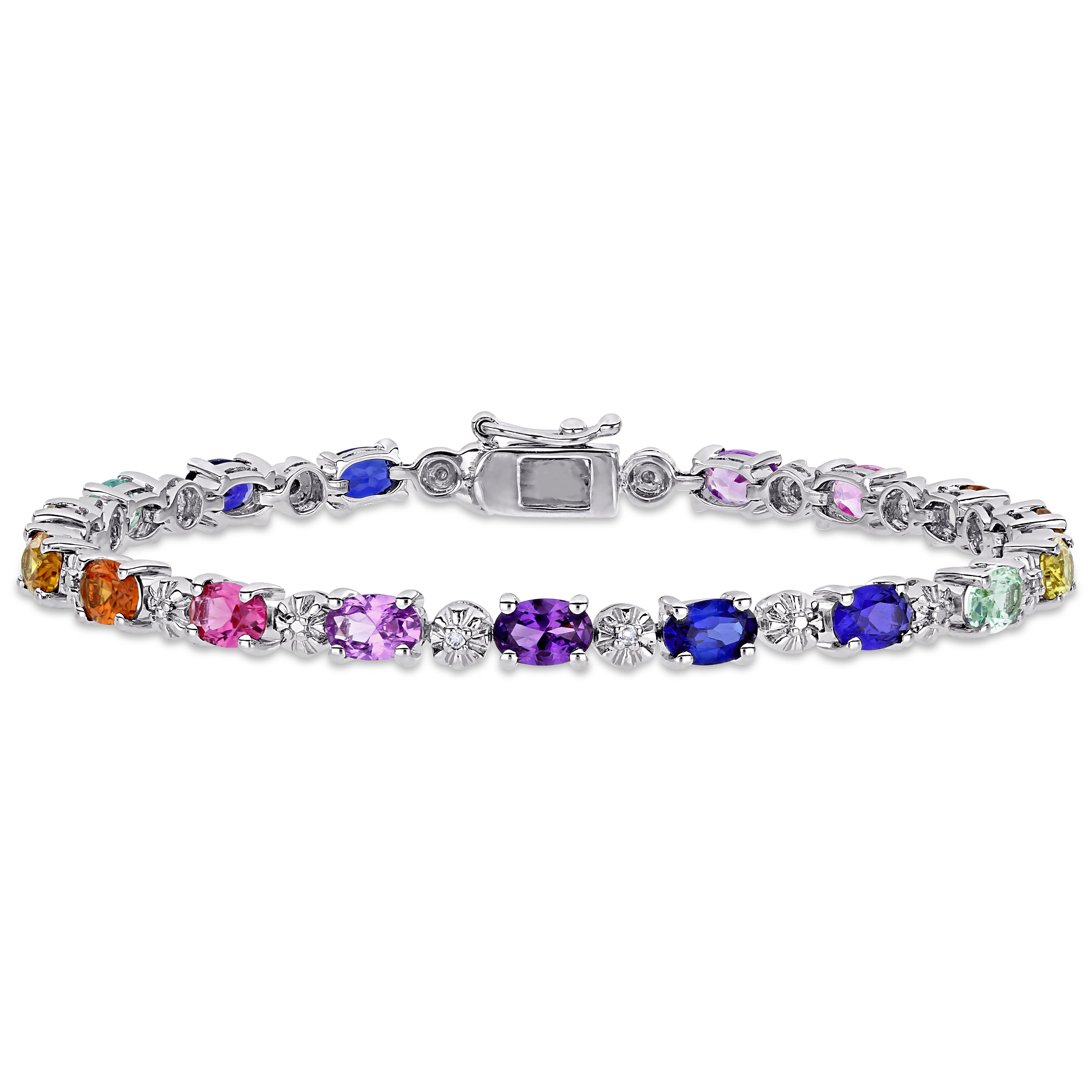 9 7/8 CT TGW Multi-Color Created Sapphire and Diamond-Accent Tennis Bracelet in Sterling Silver