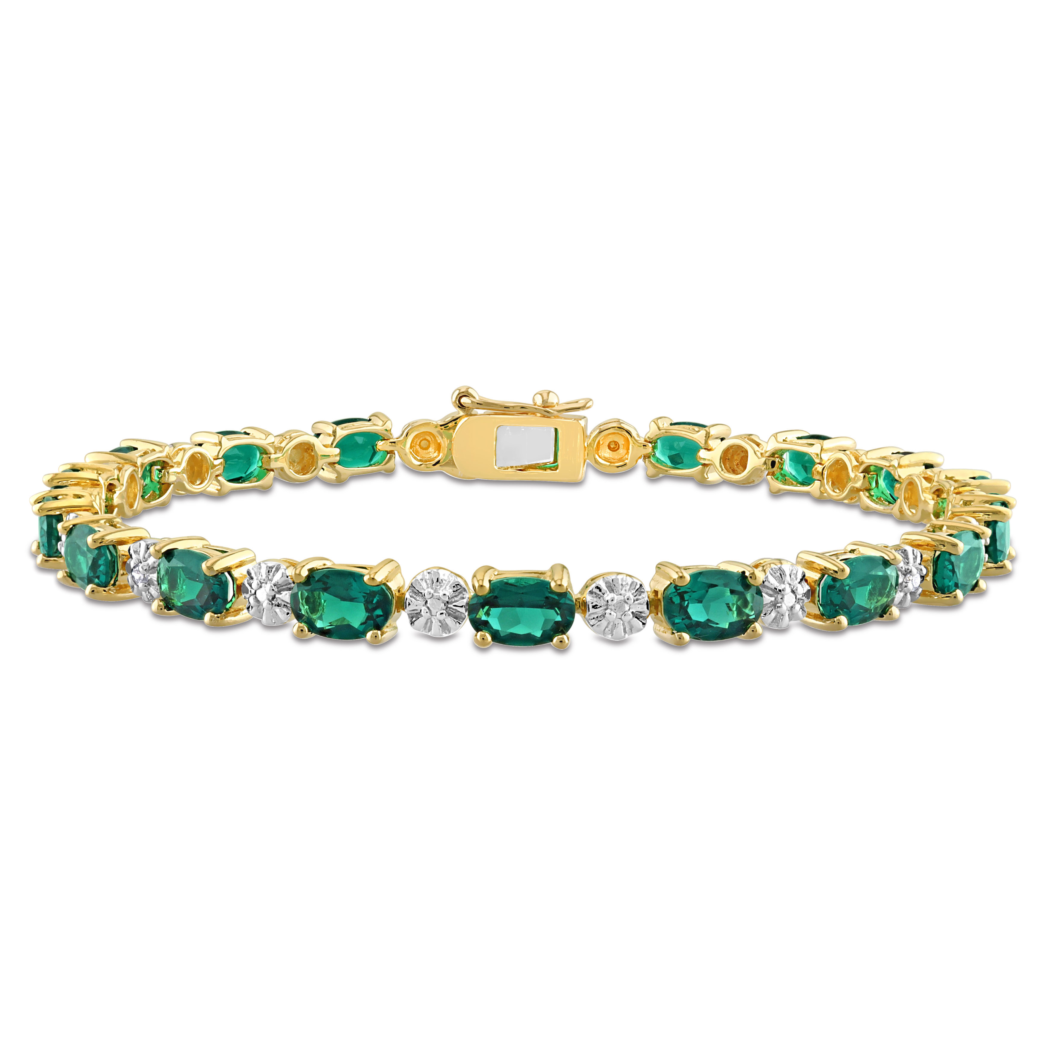 7 3/4 CT TGW Created Emerald and Diamond Bracelet in Yellow Plated Sterling Silver - 7.25 in.