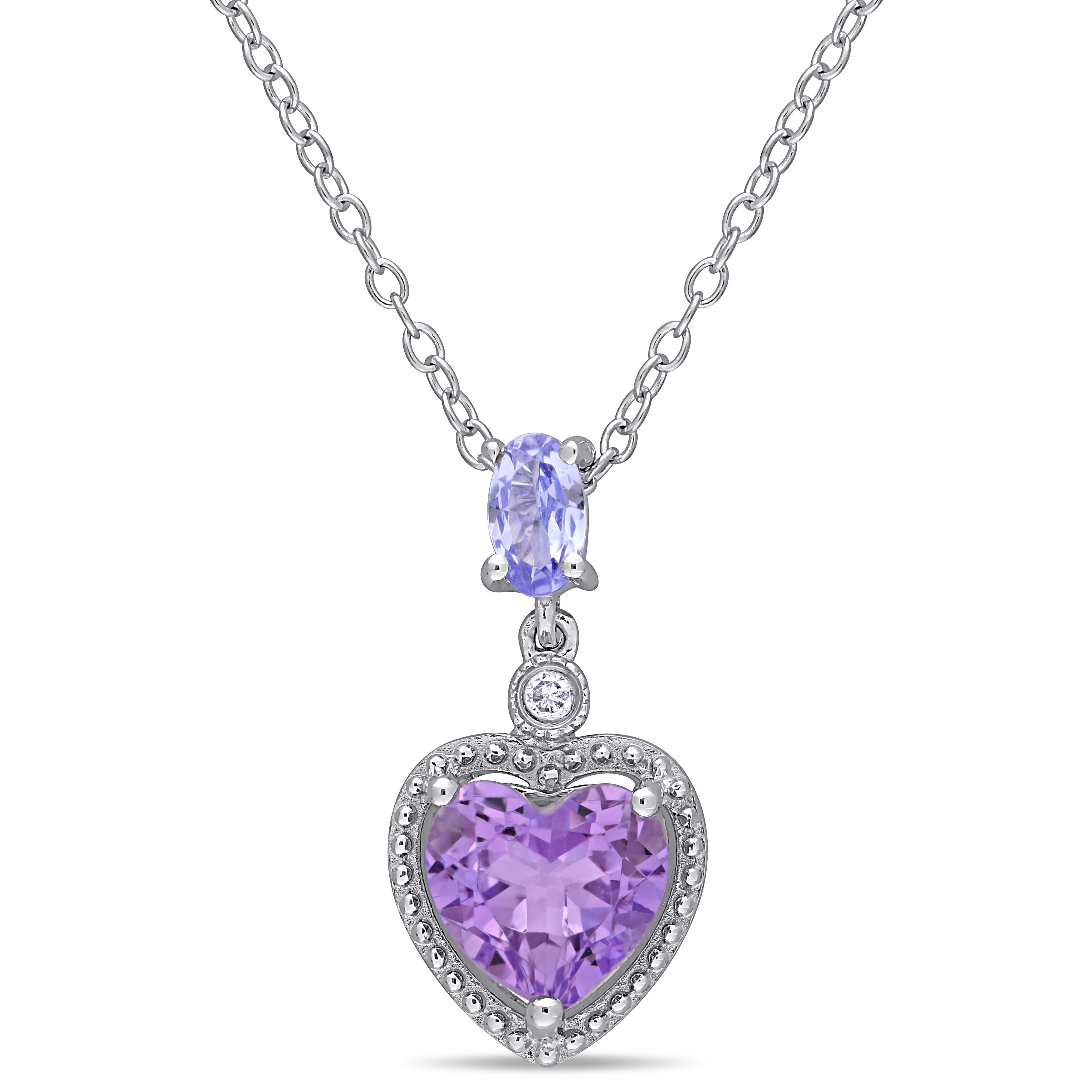 Diamond, Tanzanite, and Heart Shaped Amethyst Pendant with Chain in Sterling Silver