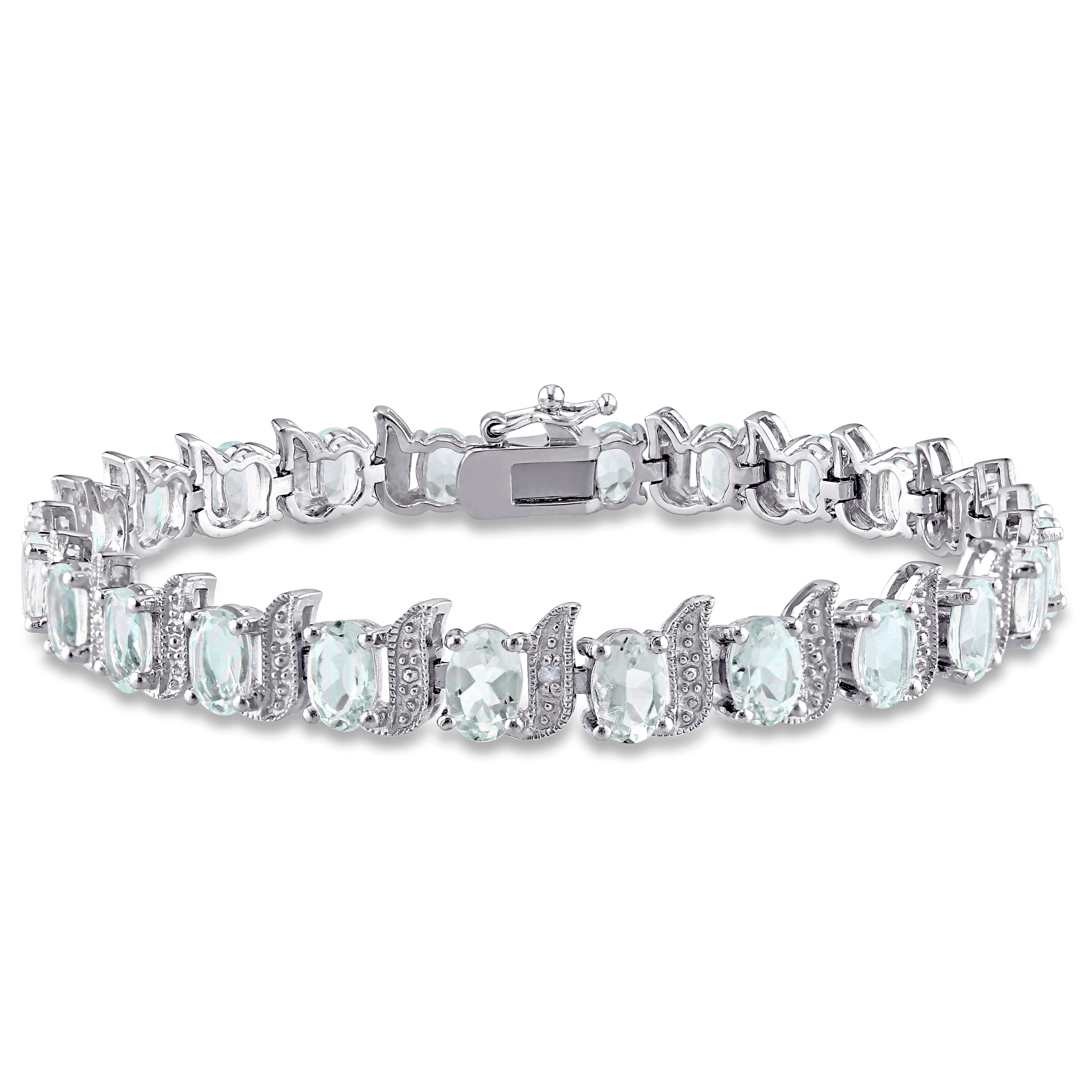 9 5/8 CT TGW Aquamarine and Diamond S-Link Bracelet in Sterling Silver