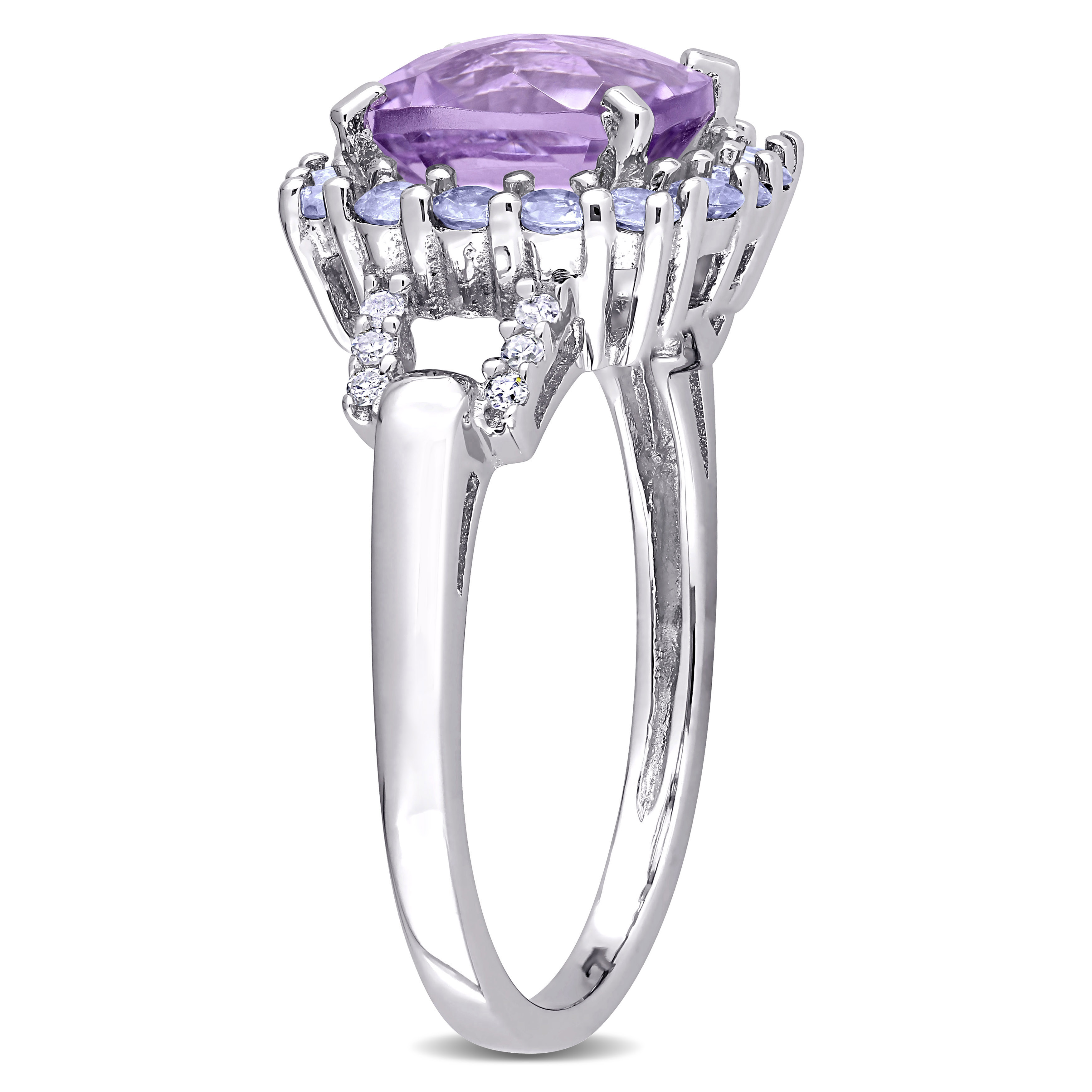 Halo Diamond, Amethyst, and Cushion Cut Tanzanite Ring in Sterling Silver