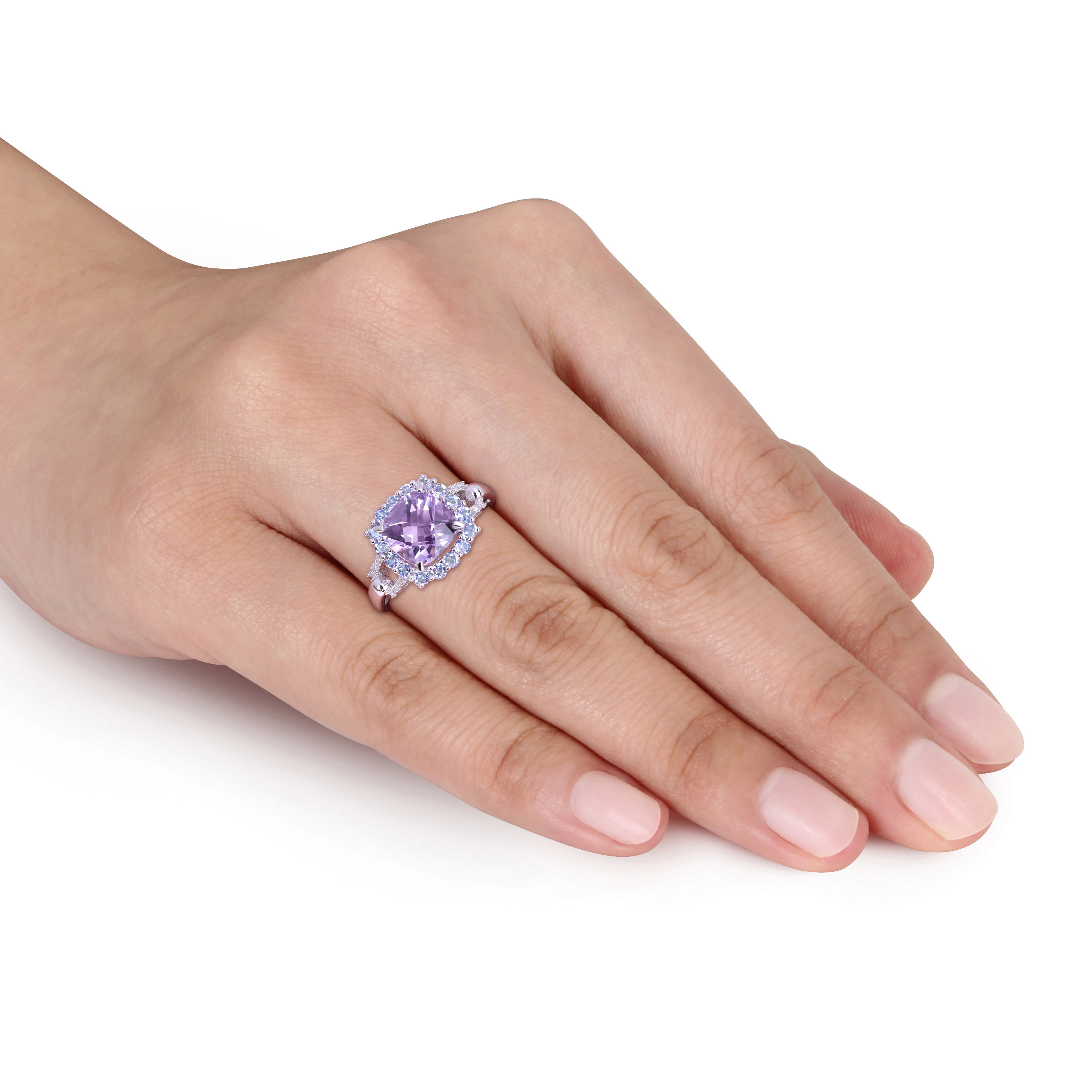 Halo Diamond, Amethyst, and Cushion Cut Tanzanite Ring in Sterling Silver