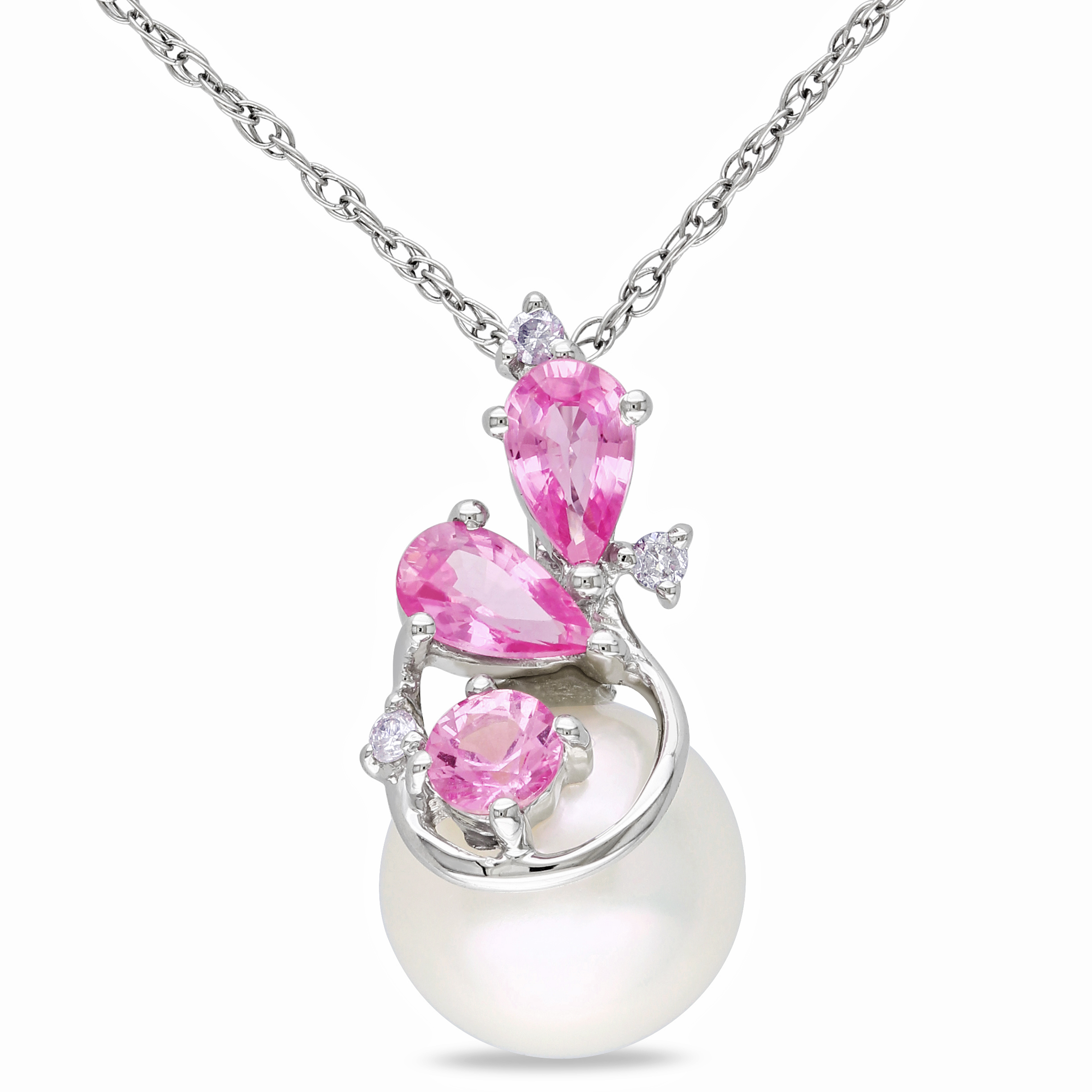 8.5 - 9 MM Cultured Freshwater Pearl, Diamond and Sapphire Cluster Pendant with Chain in 10k White Gold