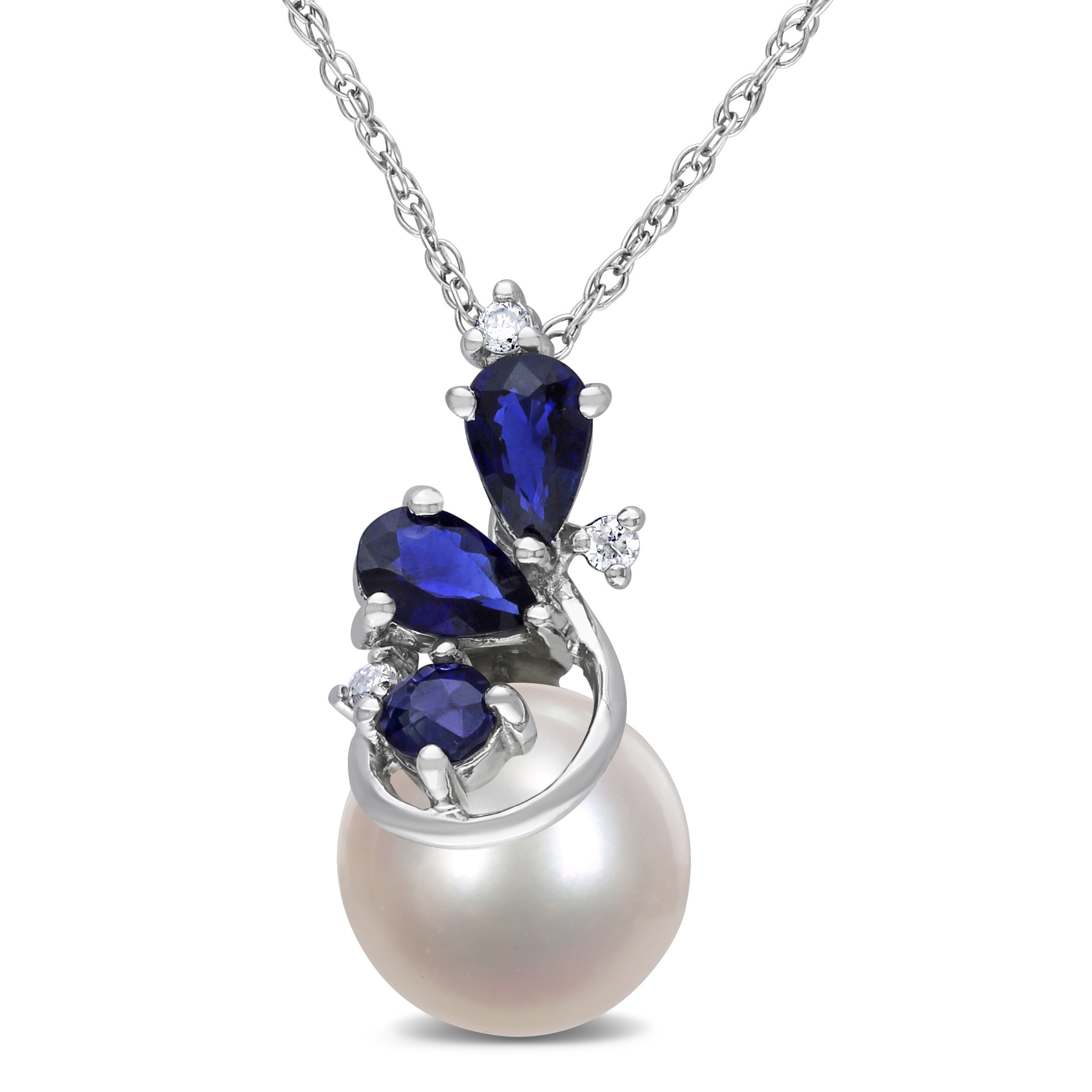 8.5 - 9 MM  White Cultured Freshwater Pearl, Diamond and Sapphire Pendant with Chain in 10k White Gold