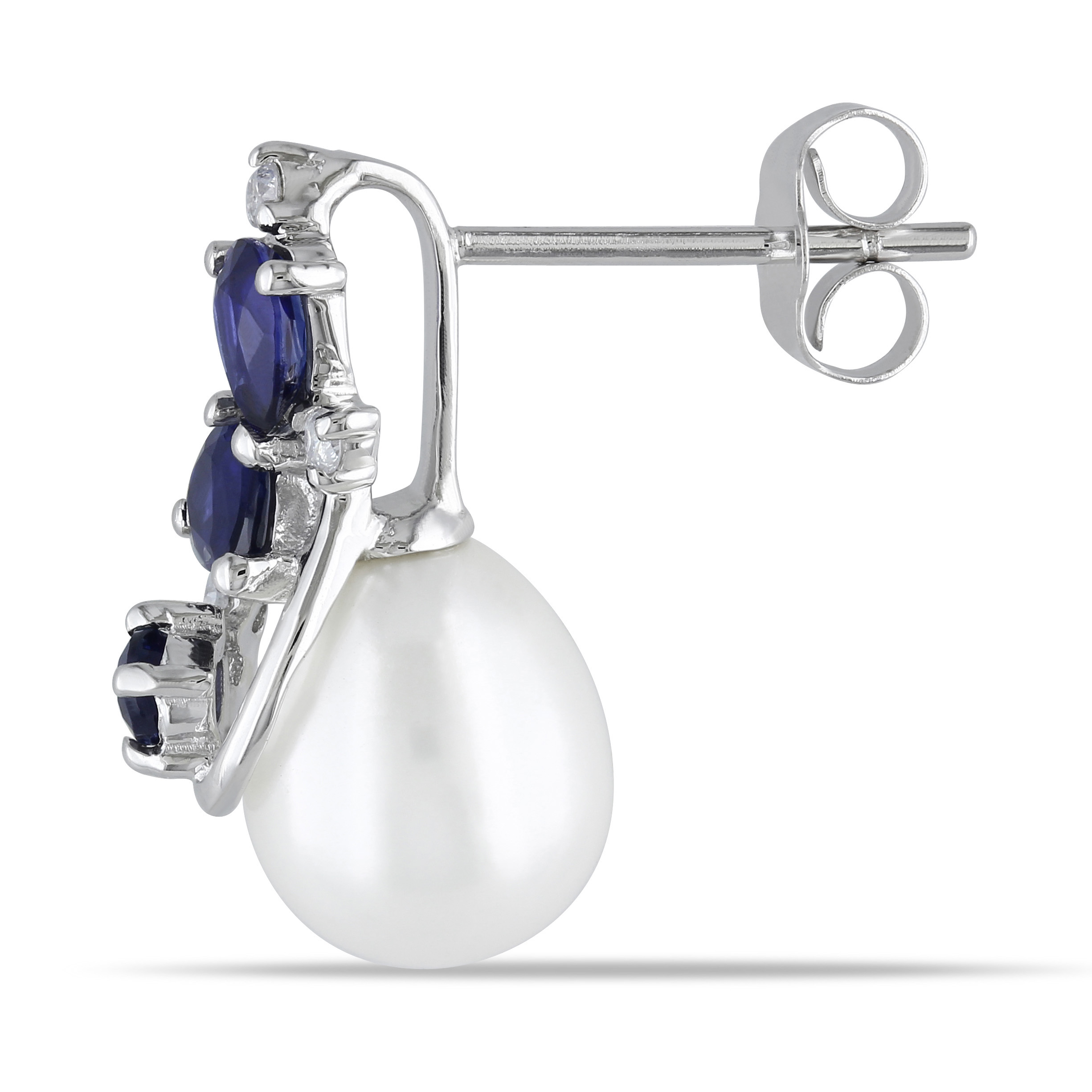 7.5 - 8 MM White Cultured Freshwater Pearl with Diamonds and Sapphire Earrings in 10k White Gold