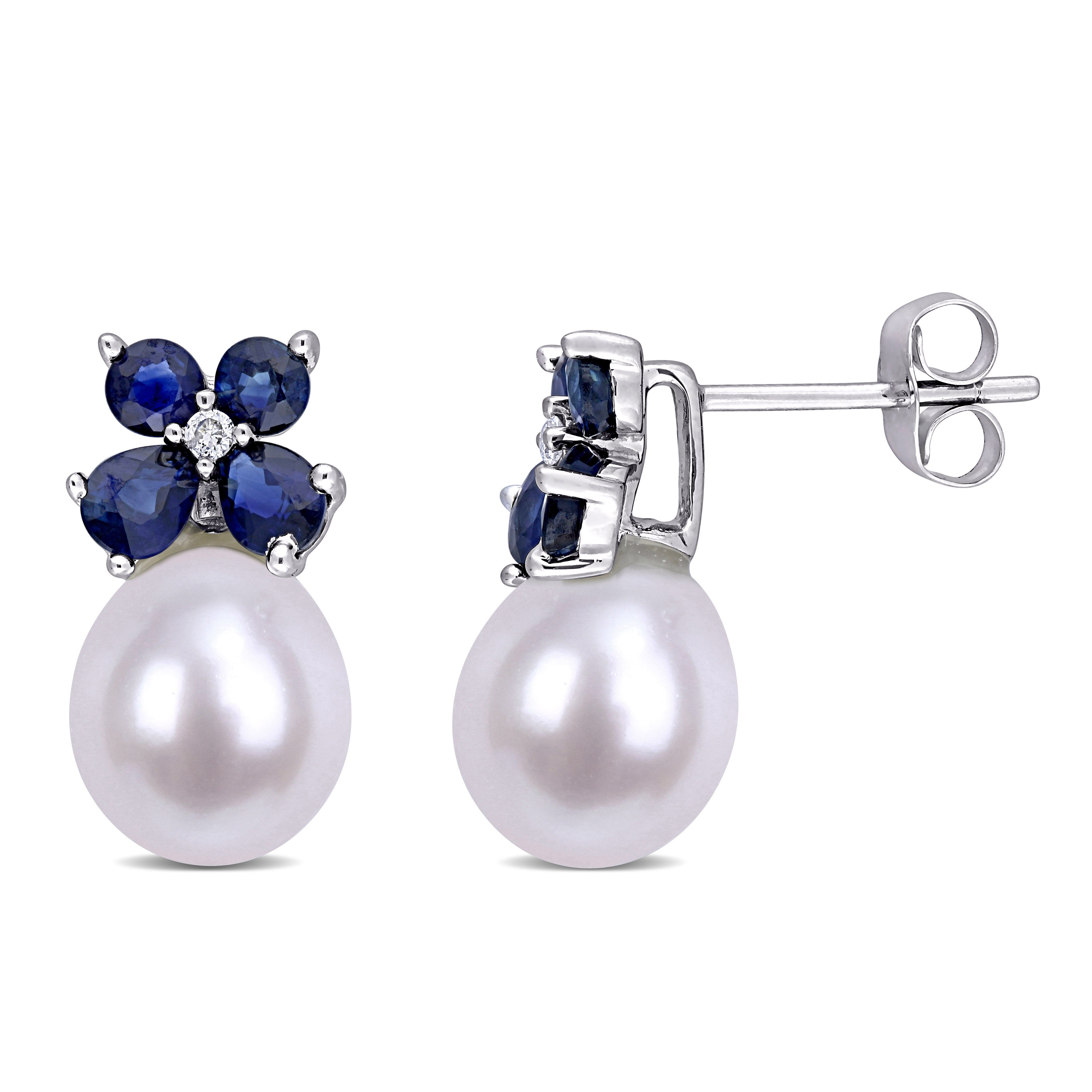 8 - 8.5 MM Cultured Freshwater Pearl, Diamond and Sapphire Bow Earrings in 10k White Gold